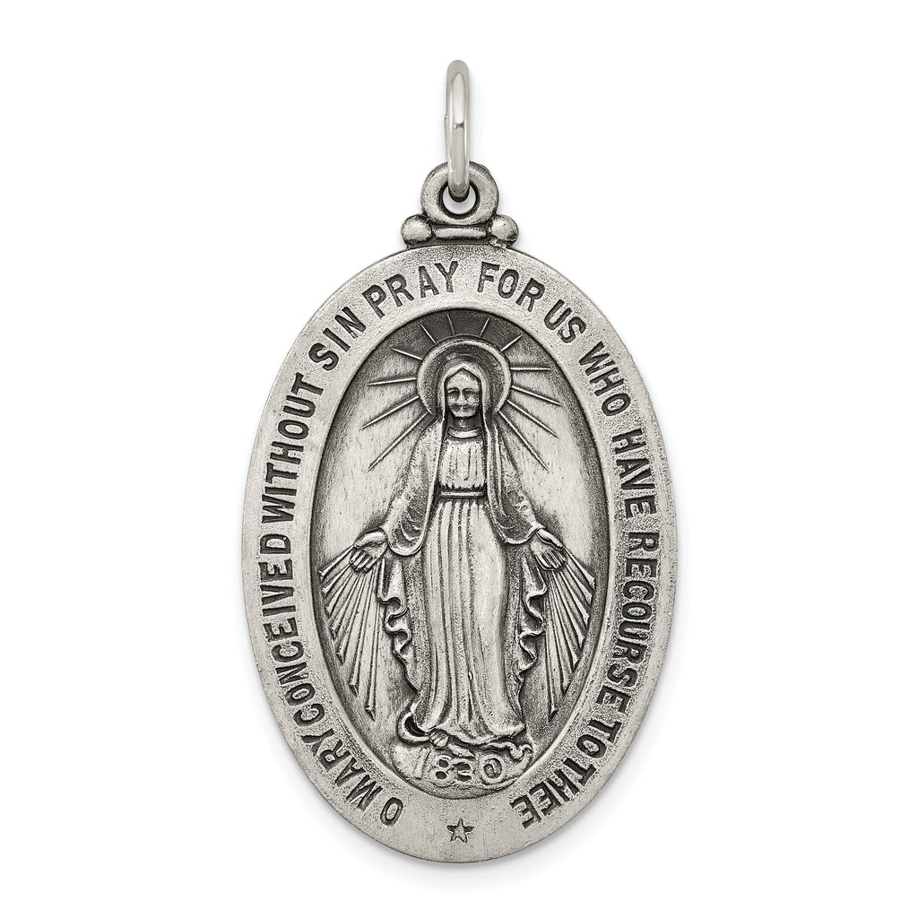 Sterling Silver 925 Antiqued Miraculous Medal Pendant Vintage-Inspired Solid Charm