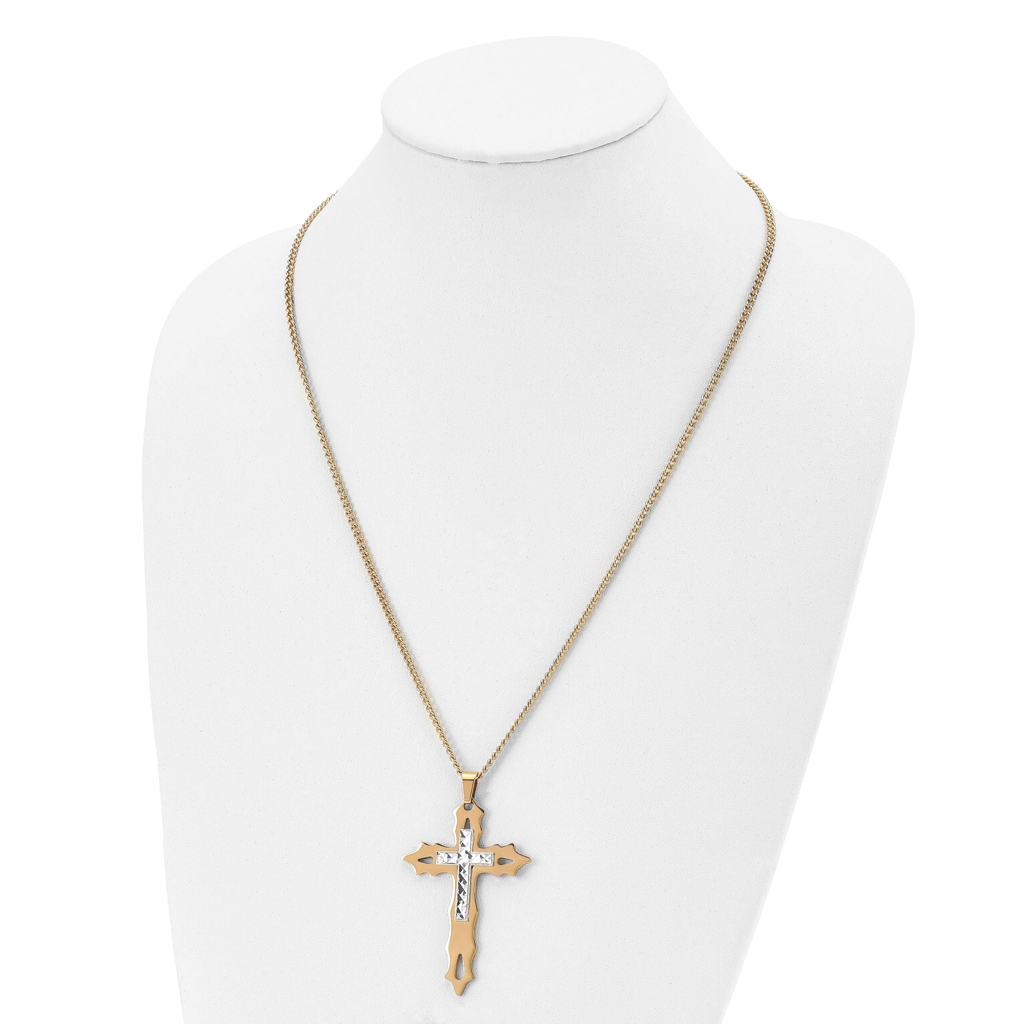 Chisel Stainless Steel Polished Yellow IP-plated Diamond Cut Cross Pendant on a 24 inch Curb Chain Necklace Secondary image