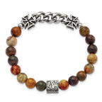 Stainless Steel Antiqued and Polished Cross 8mm Natural Turquoise Beaded Stretch Bracelet