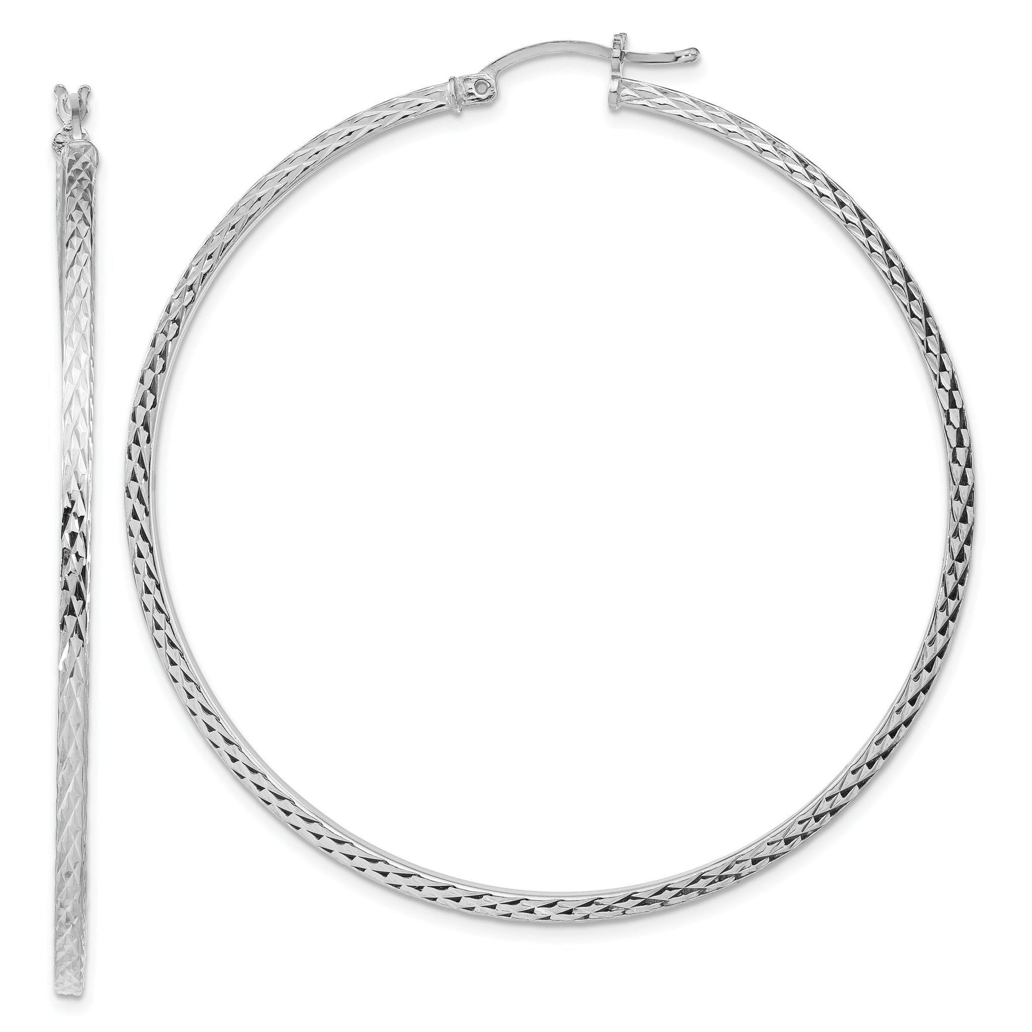 Sterling Silver Rhodium-plated Diamond-cut 2x60mm Square Tube Hoop Earrings Main image