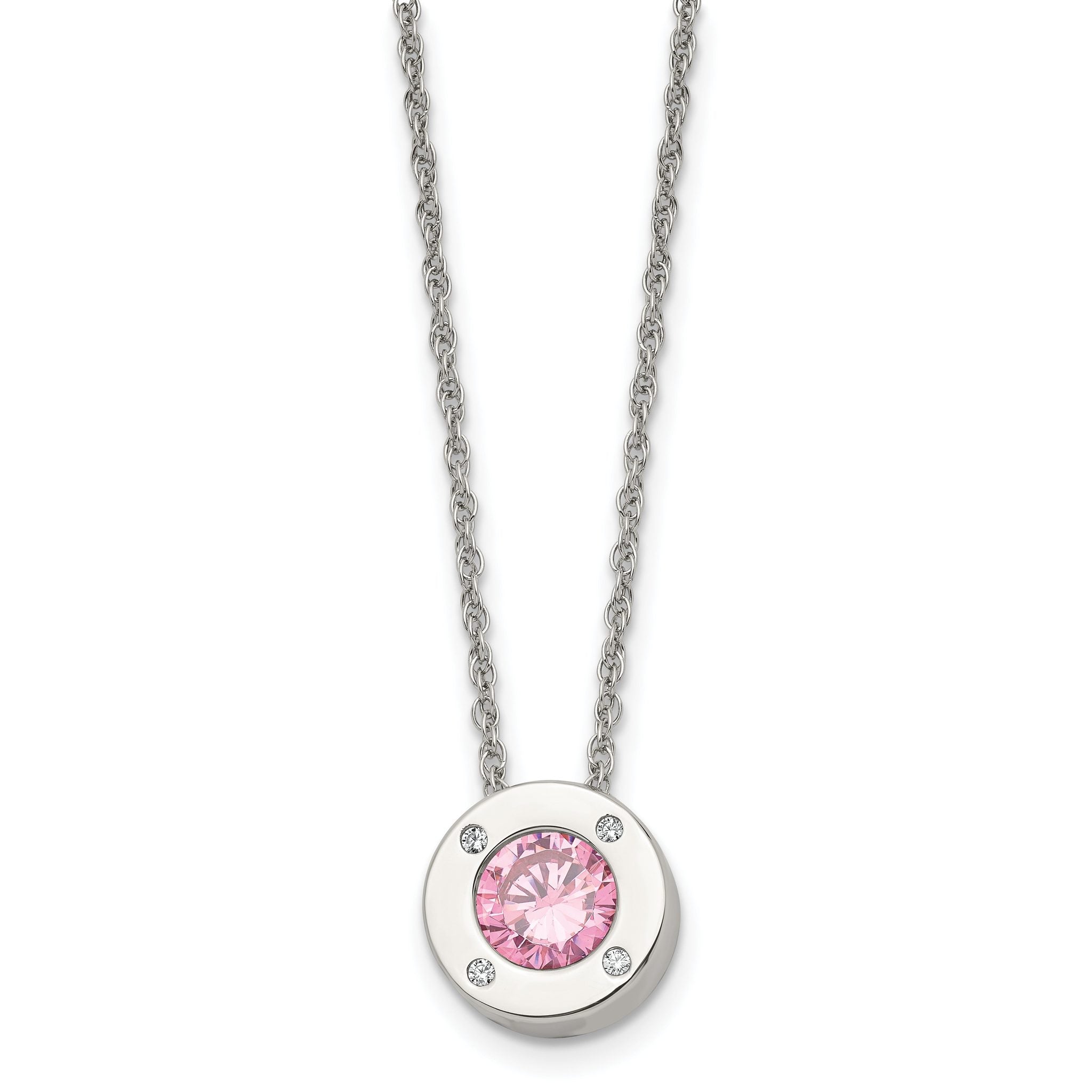 Chisel Stainless Steel Polished CZ October Birthstone Circle Pendant on a 20 inch Multi-Link Chain Necklace Main image
