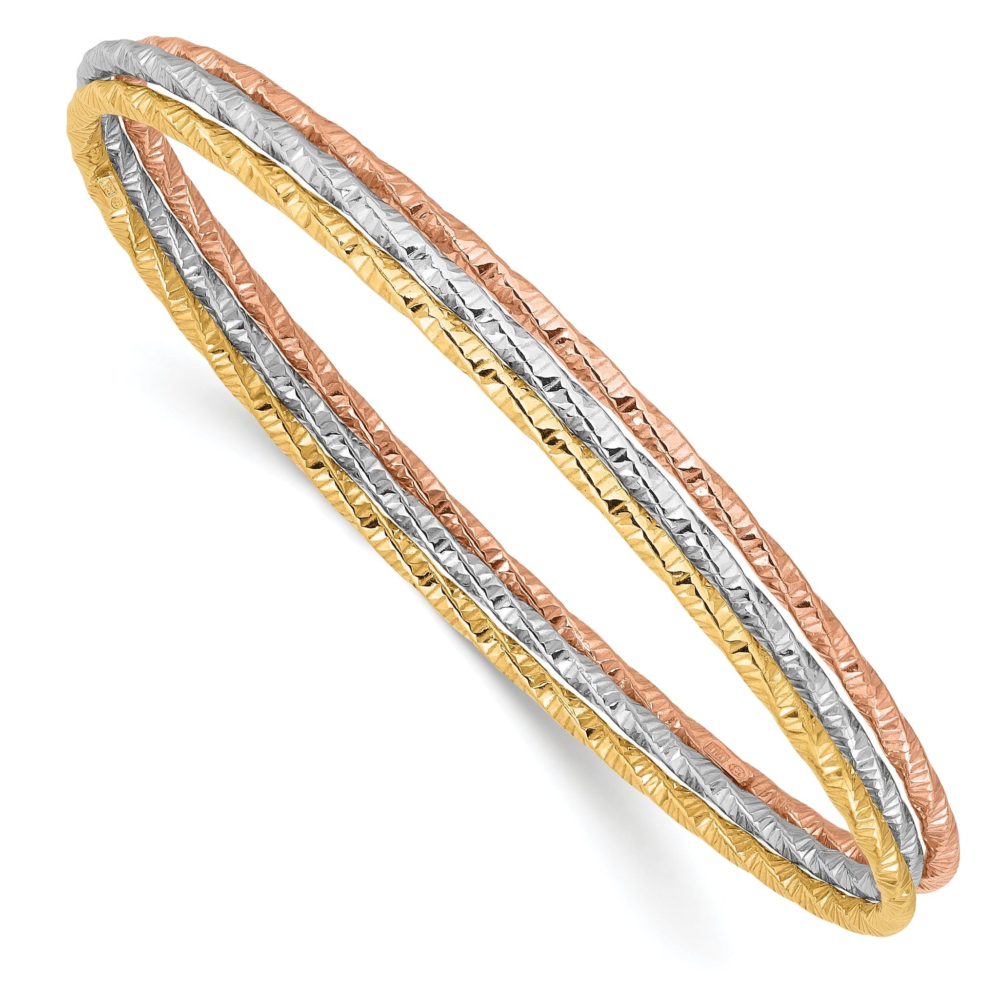 Sterling Silver Rhodium-plated Gold Rose-tone Diamond-cut Set of 3 Bangles Main image