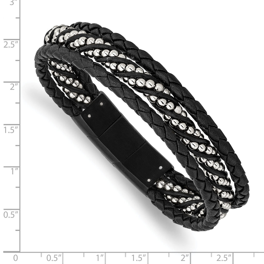 Stainless Steel Brushed & Polished Black IP Leather with . ext Bracelet