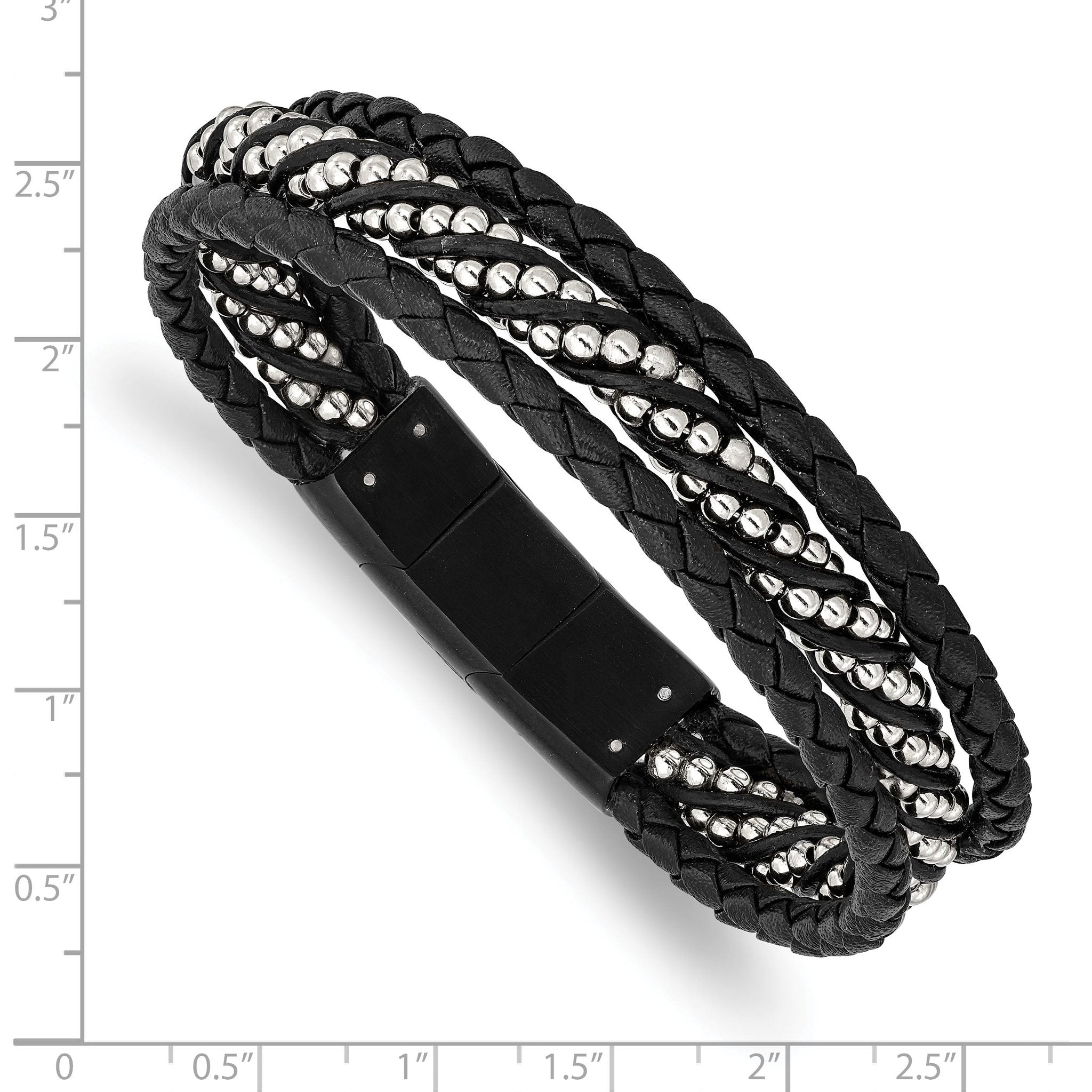 Stainless Steel Brushed & Polished Black IP Leather with . ext Bracelet