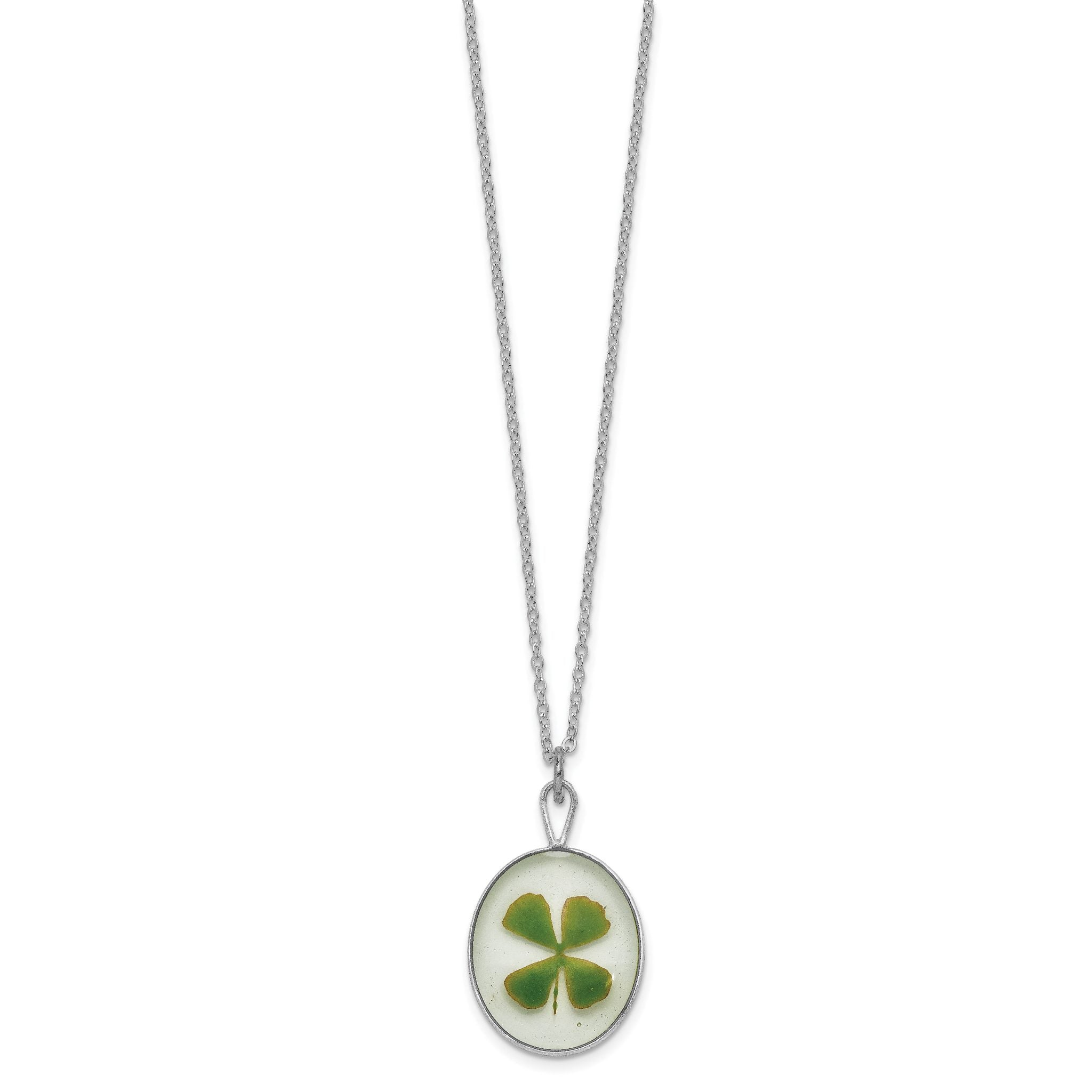 Silver Trim Real Four Leaf Clover in Oval 20 inch Silver-plated Chain Necklace Secondary image