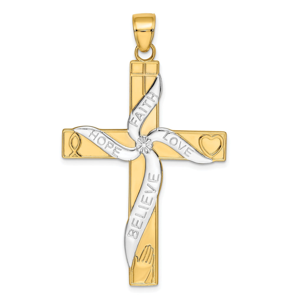 14K Gold & Rhodium Faith Hope Love Believe Cross Pendant  Polished Solid Design