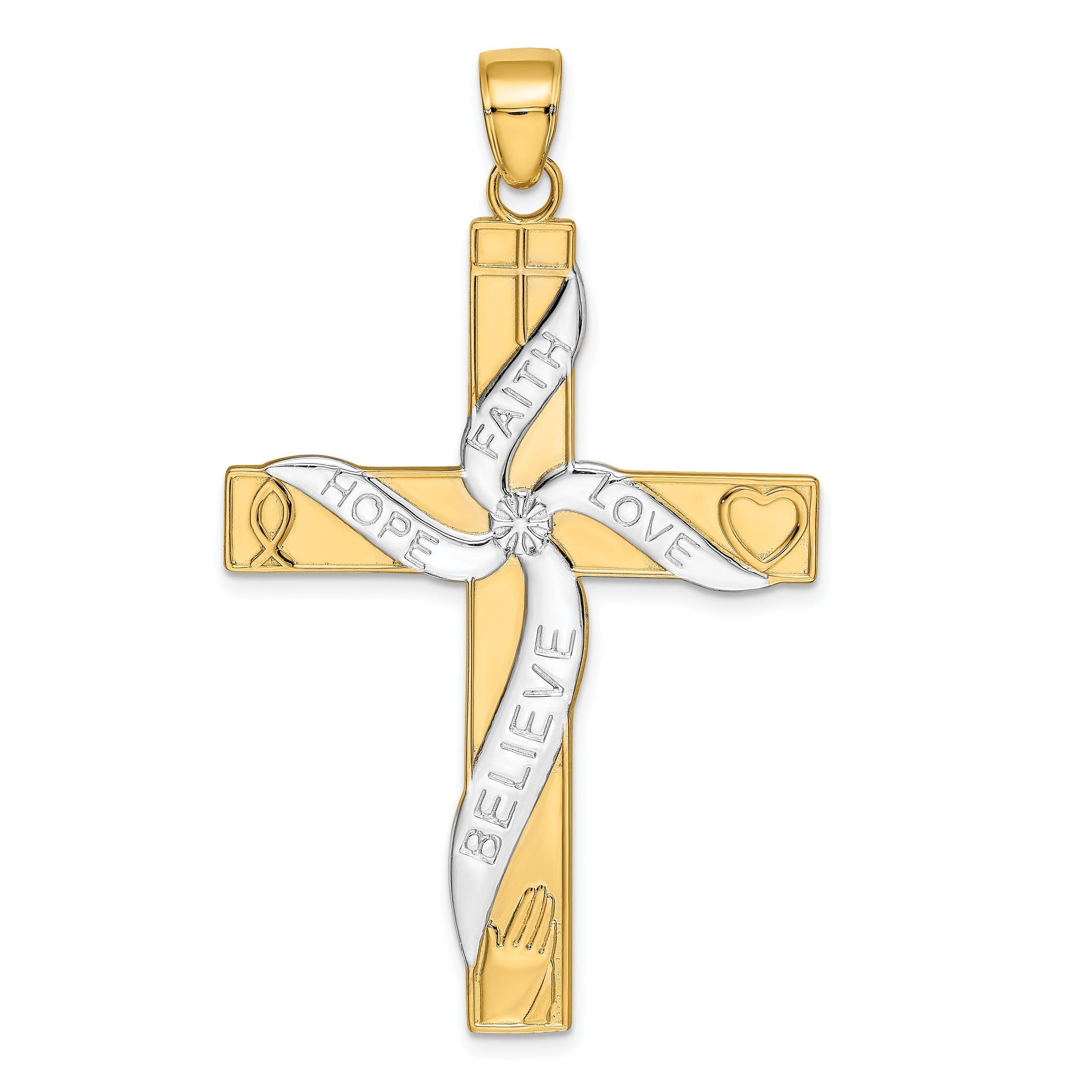 14K Gold & Rhodium Faith Hope Love Believe Cross Pendant  Polished Solid Design