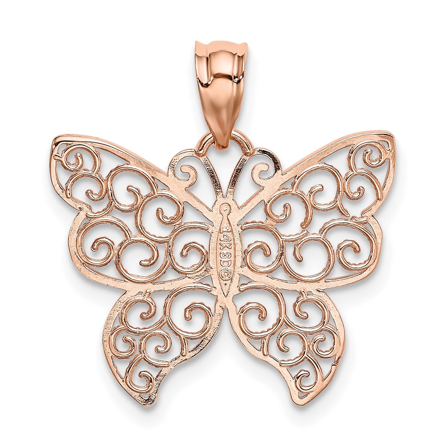14K Rose Gold Filigree Butterfly Pendant with Polished Finish Elegant Design
