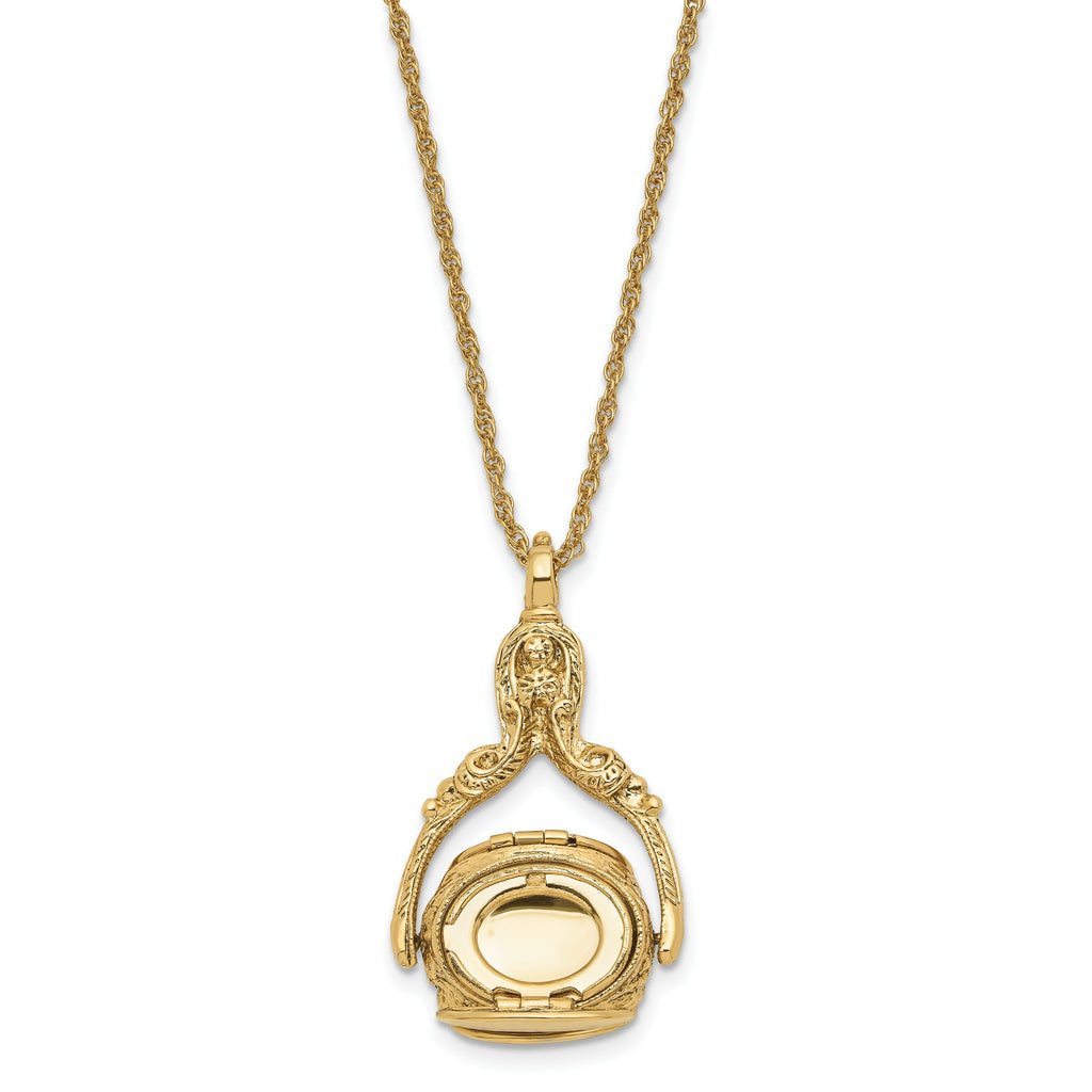 1928 Jewelry Gold-tone Three Sided Spinning Floral Pattern Oval 13mm Lockets 30 inch Necklace Holds 6 Photos