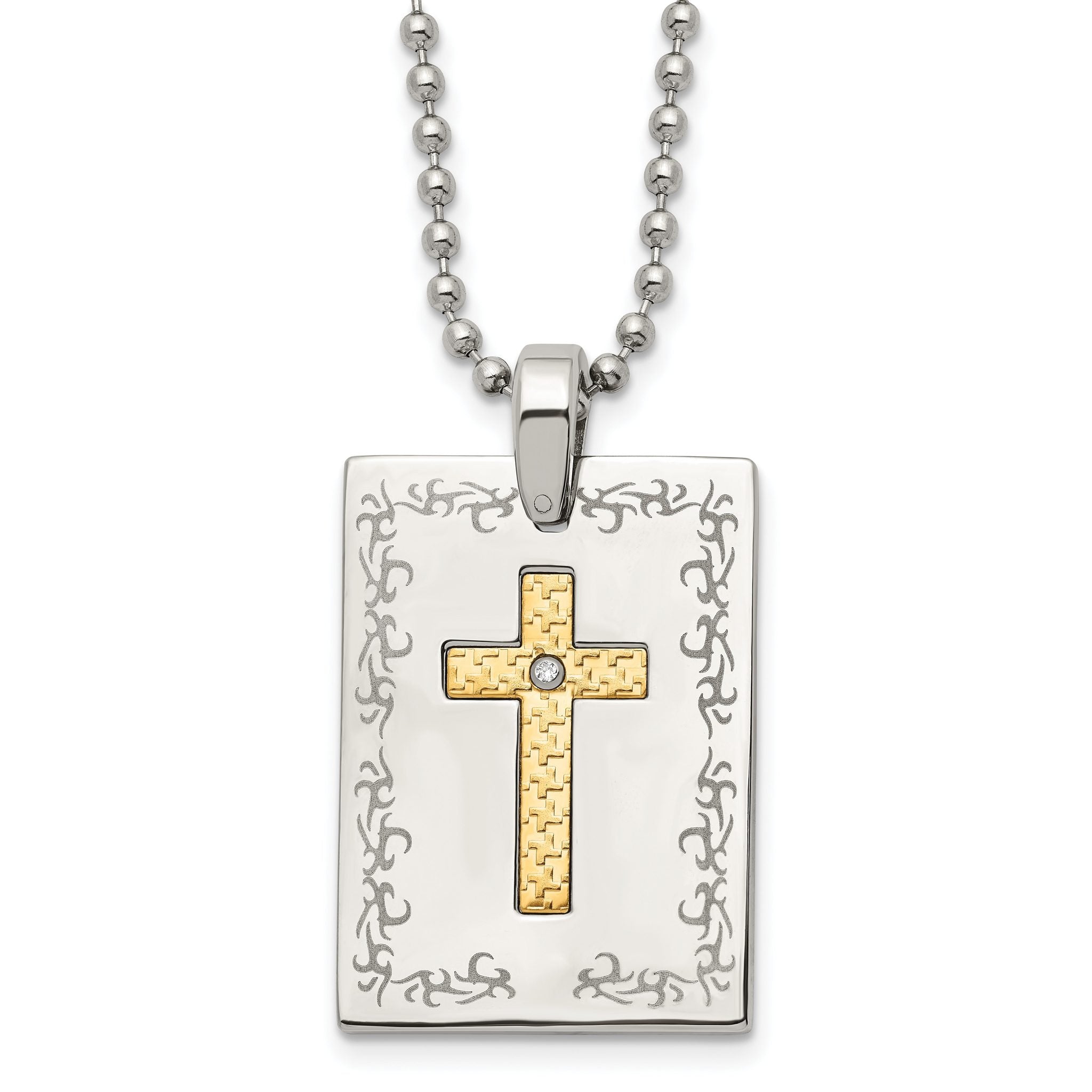 Stainless Steel w/18k Polished Laser Etched w/.01ct Dia Cross Necklace Main image