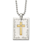 Stainless Steel w/18k Polished Laser Etched w/.01ct Dia Cross Necklace