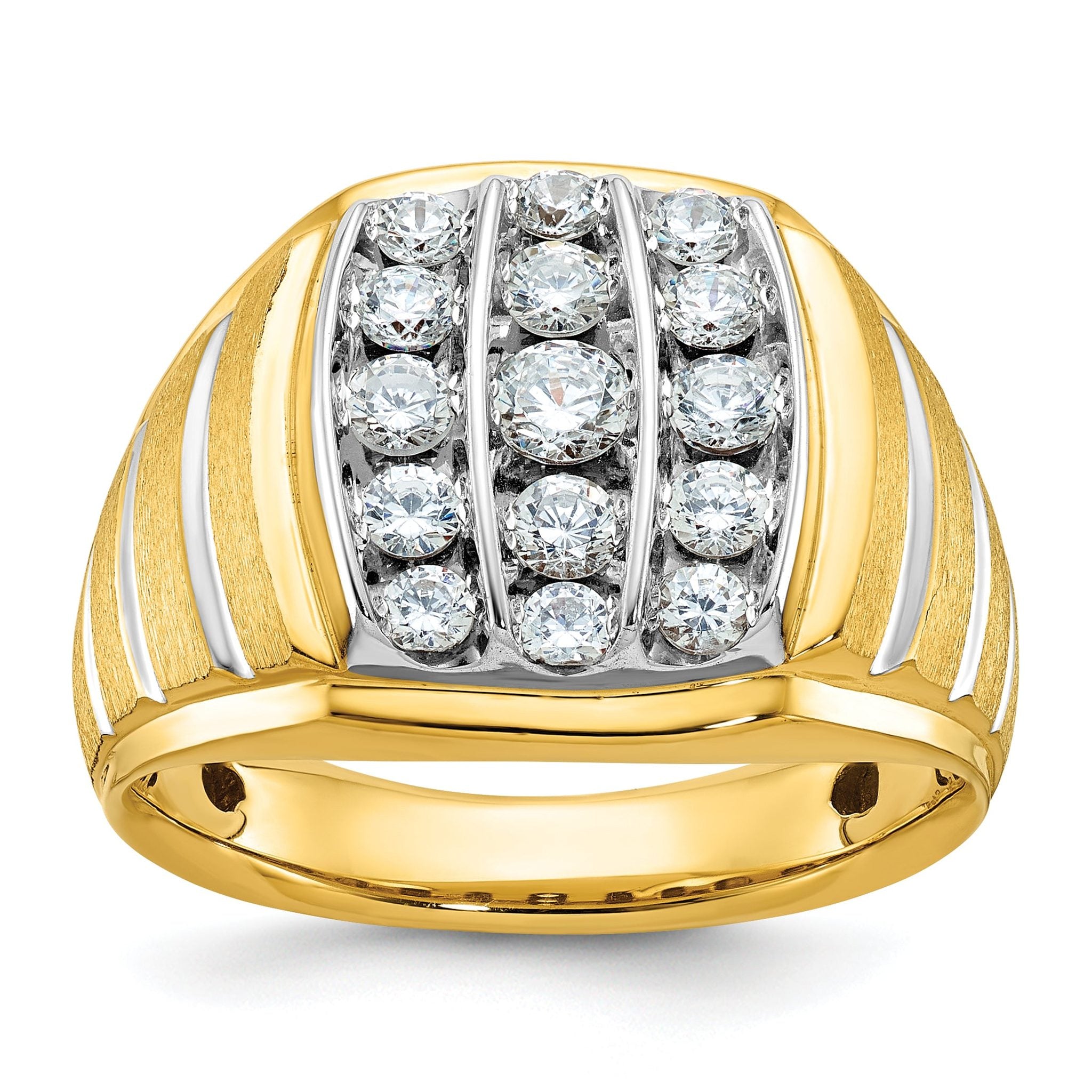 14k Two-tone Mens Polished Satin and Grooved Cluster Ring Mounting, Mounting Only