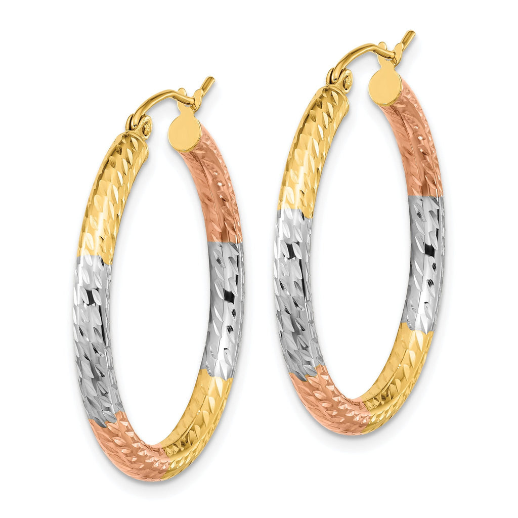 14k w/White and Rose Rhodium Polished Diamond-cut Hoop Earrings