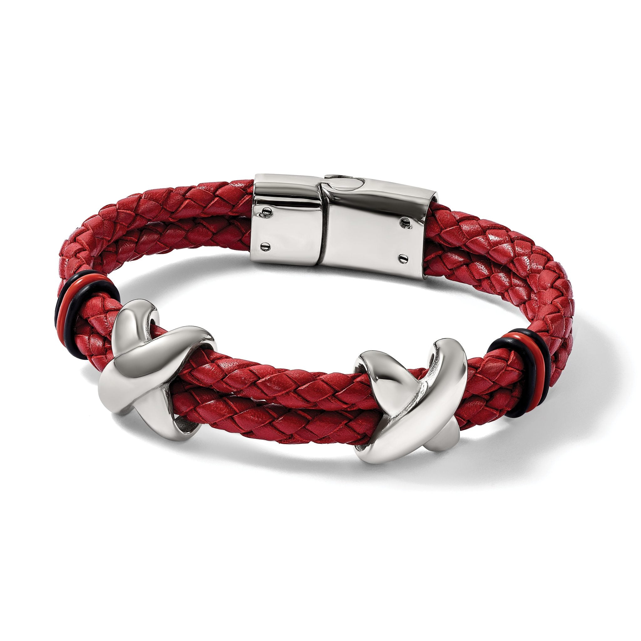 Stainless Steel Polished Red Leather and Black Rubber Bracelet for Men