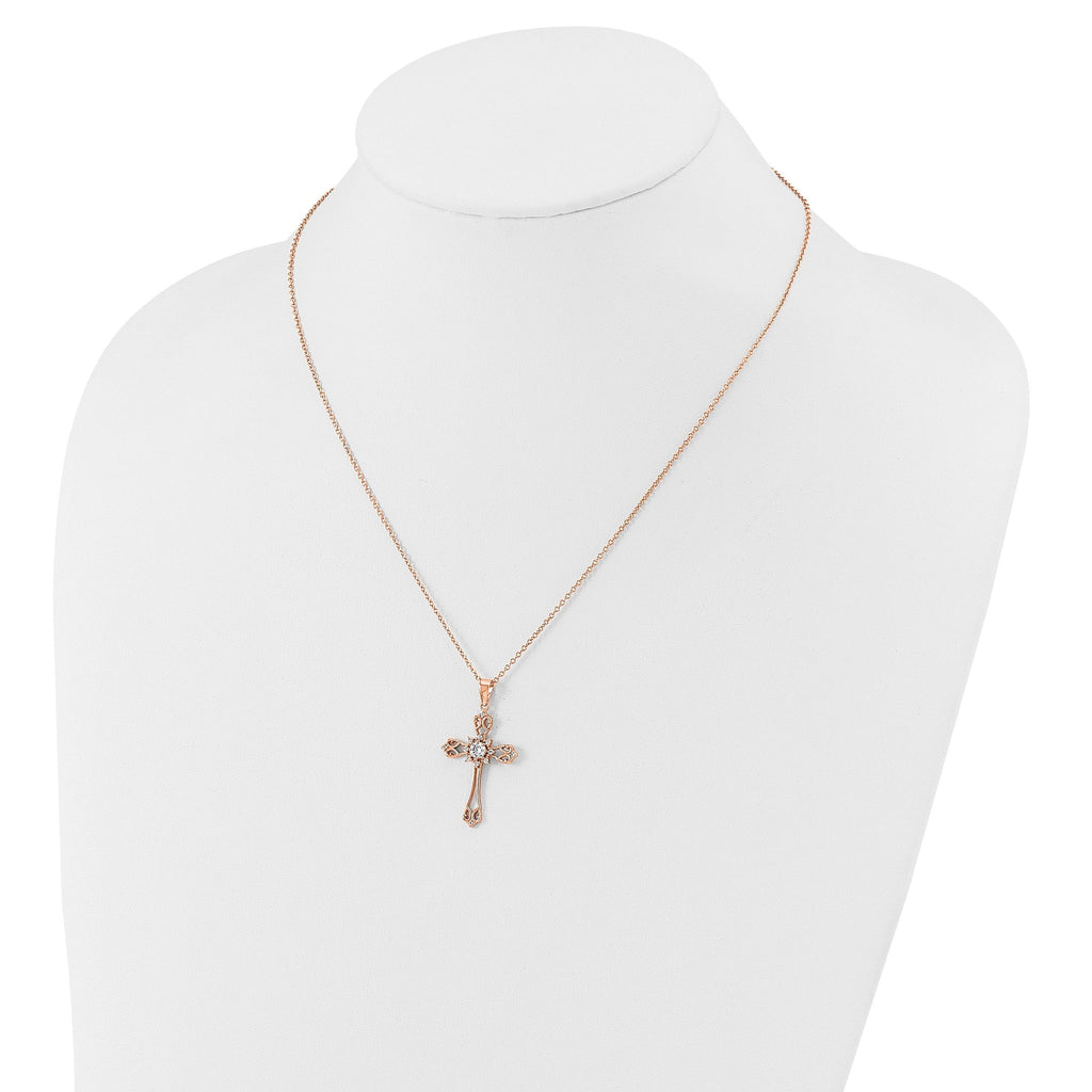 Cheryl M Sterling Silver Rose Gold-plated Polished CZ Cross with 2 Inch Extension Necklace