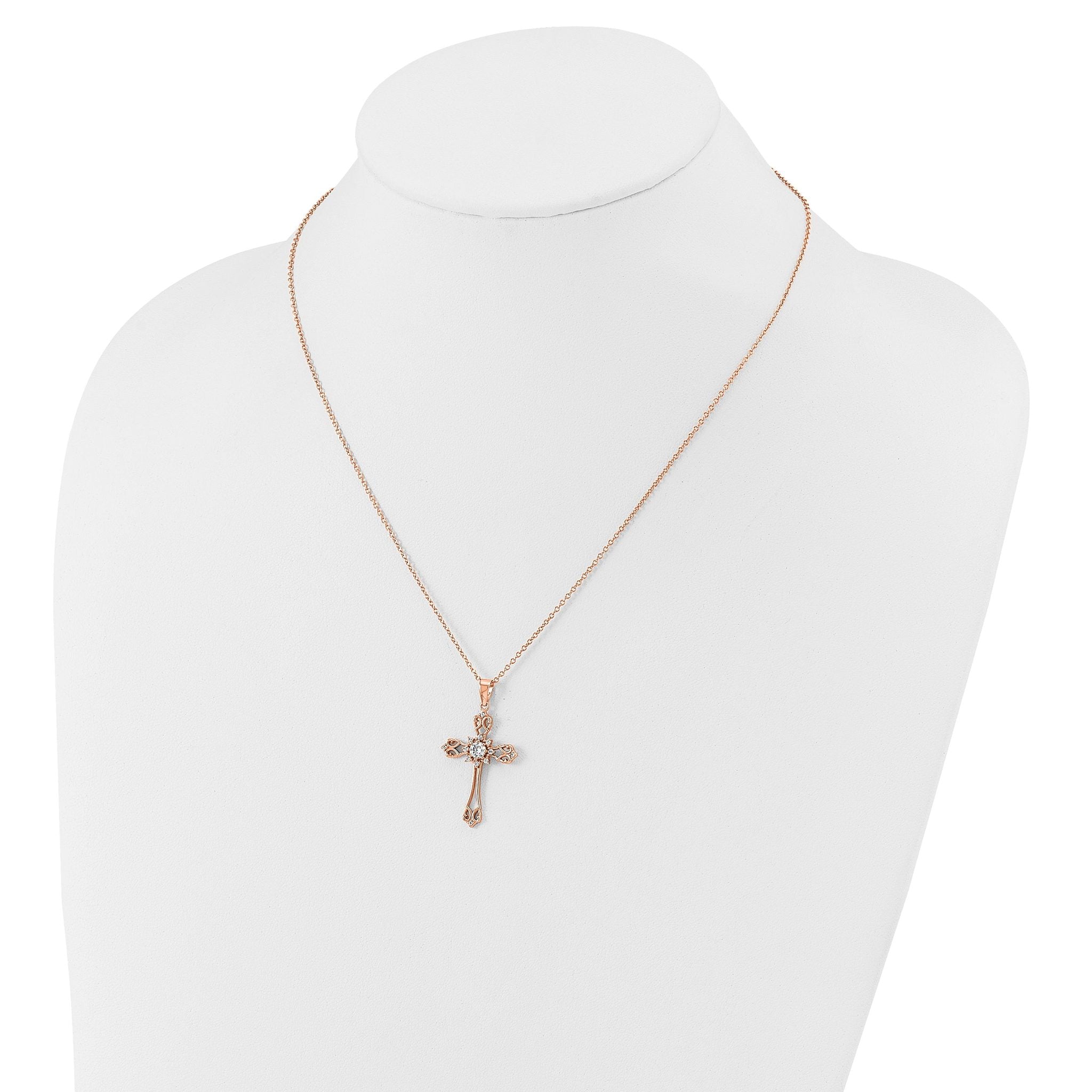 Cheryl M Sterling Silver Rose Gold-plated Polished CZ Cross with 2 Inch Extension Necklace