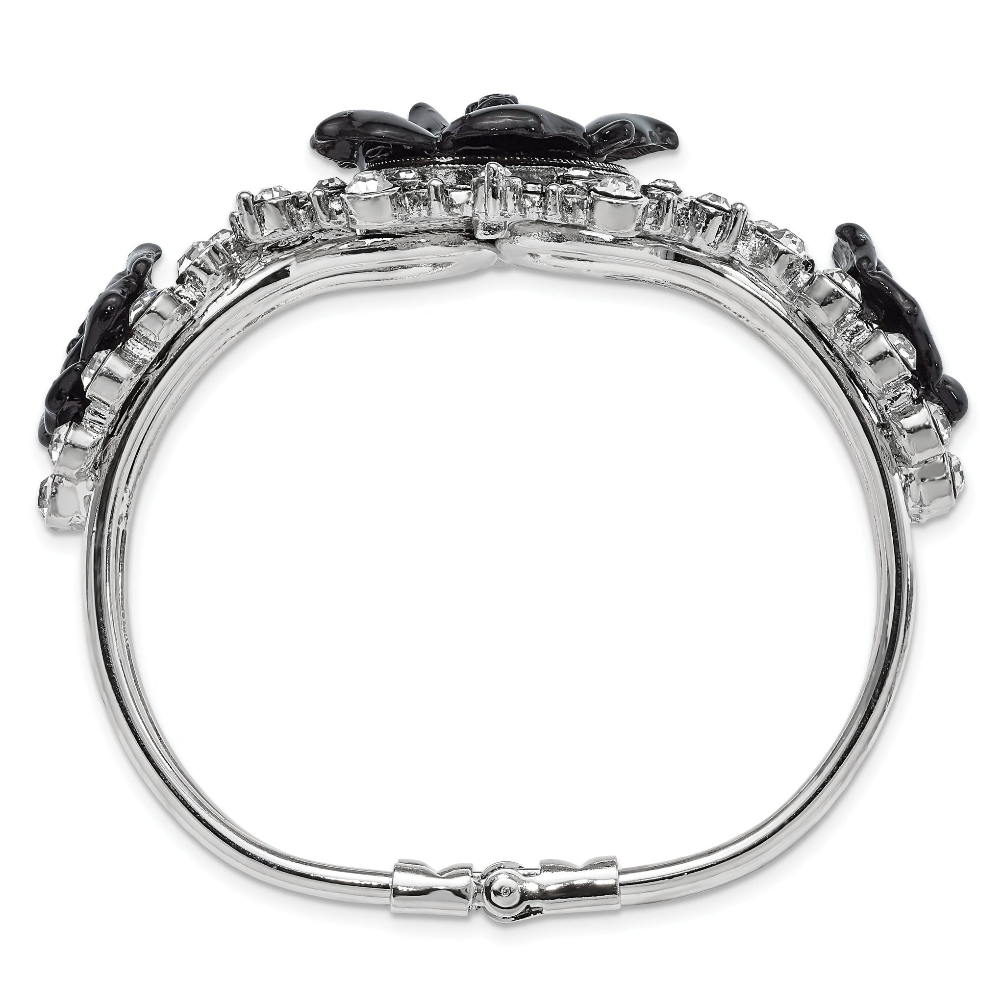 1928 Silver-tone Black Flowers & Clear Crystal Hinged Bracelet Secondary image