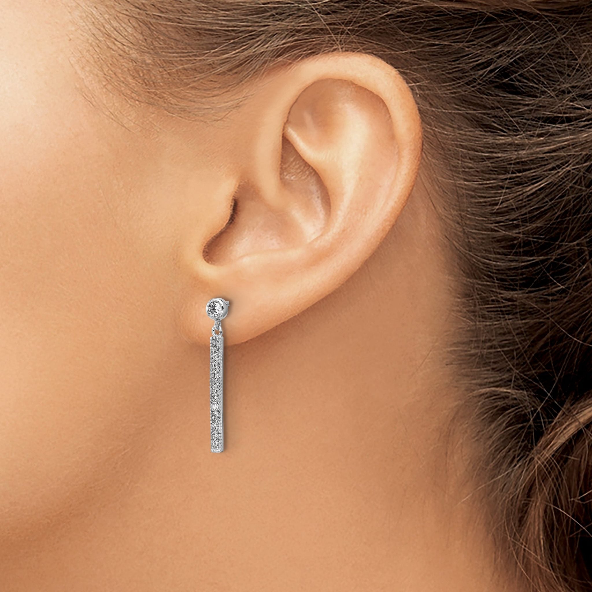 Cheryl M Sterling Silver Rhodium-plated Polished CZ Bar Post Dangle Earrings