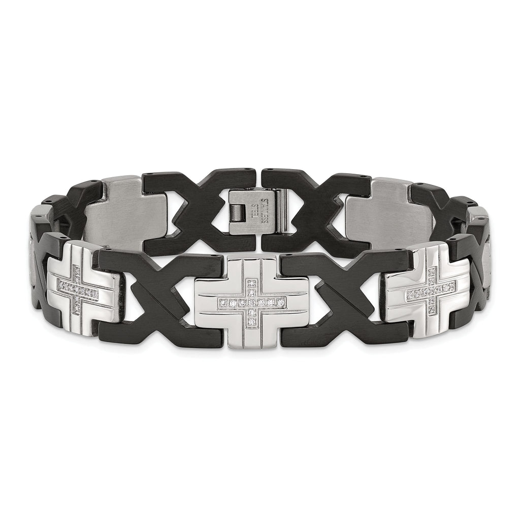Stainless Steel Brushed and Polished Black IP-plated with Cubic Zirconia Cross Link Bracelet for Men
