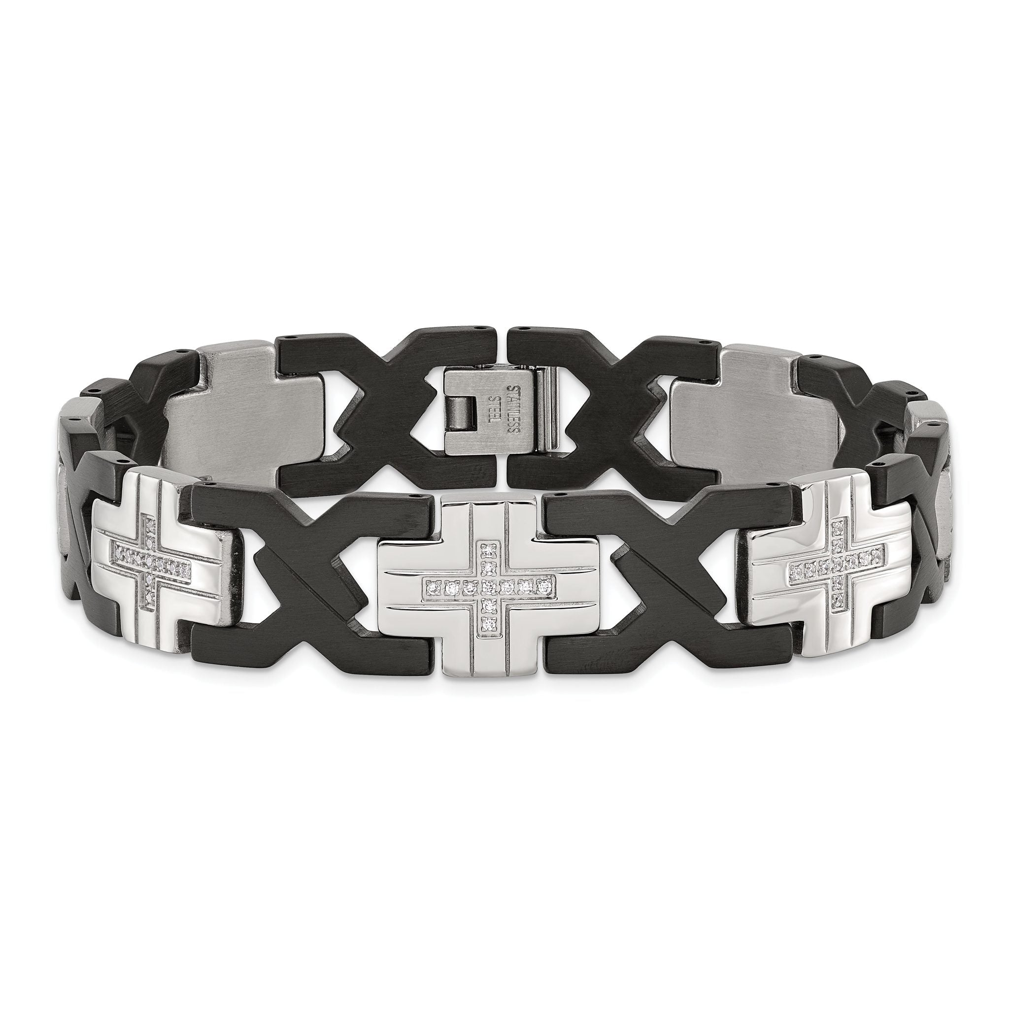 Stainless Steel Brushed and Polished Black IP-plated with Cubic Zirconia Cross Link Bracelet for Men