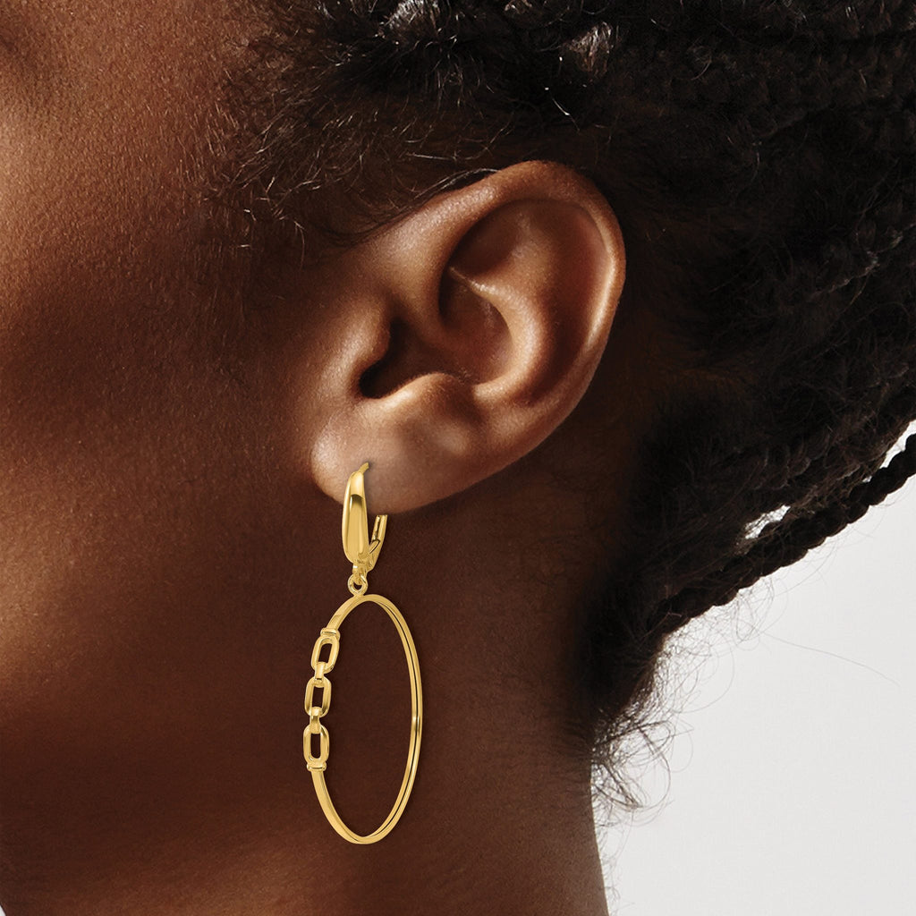 14K Polished Link Design Leverback Hoop Earrings