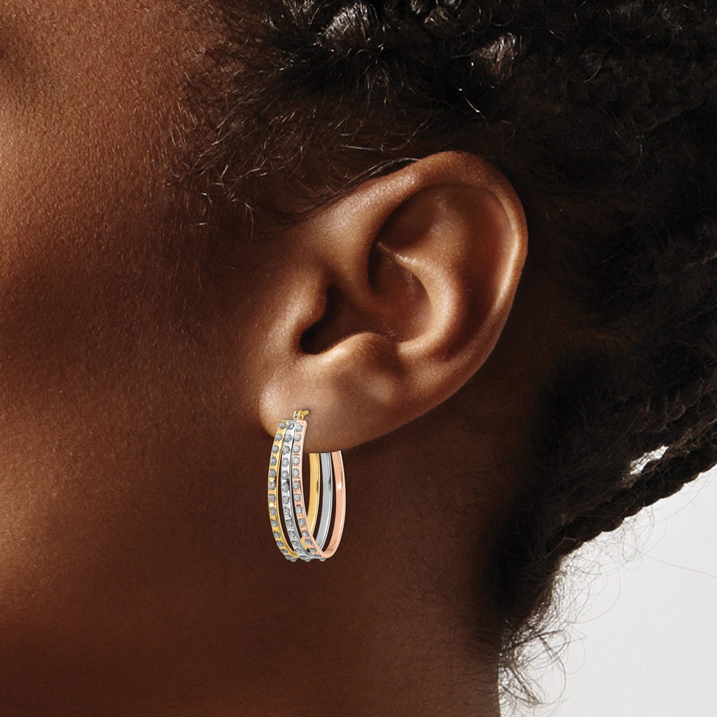 14K Tri-Color Gold Diamond Hoop Earrings with Polished Finish