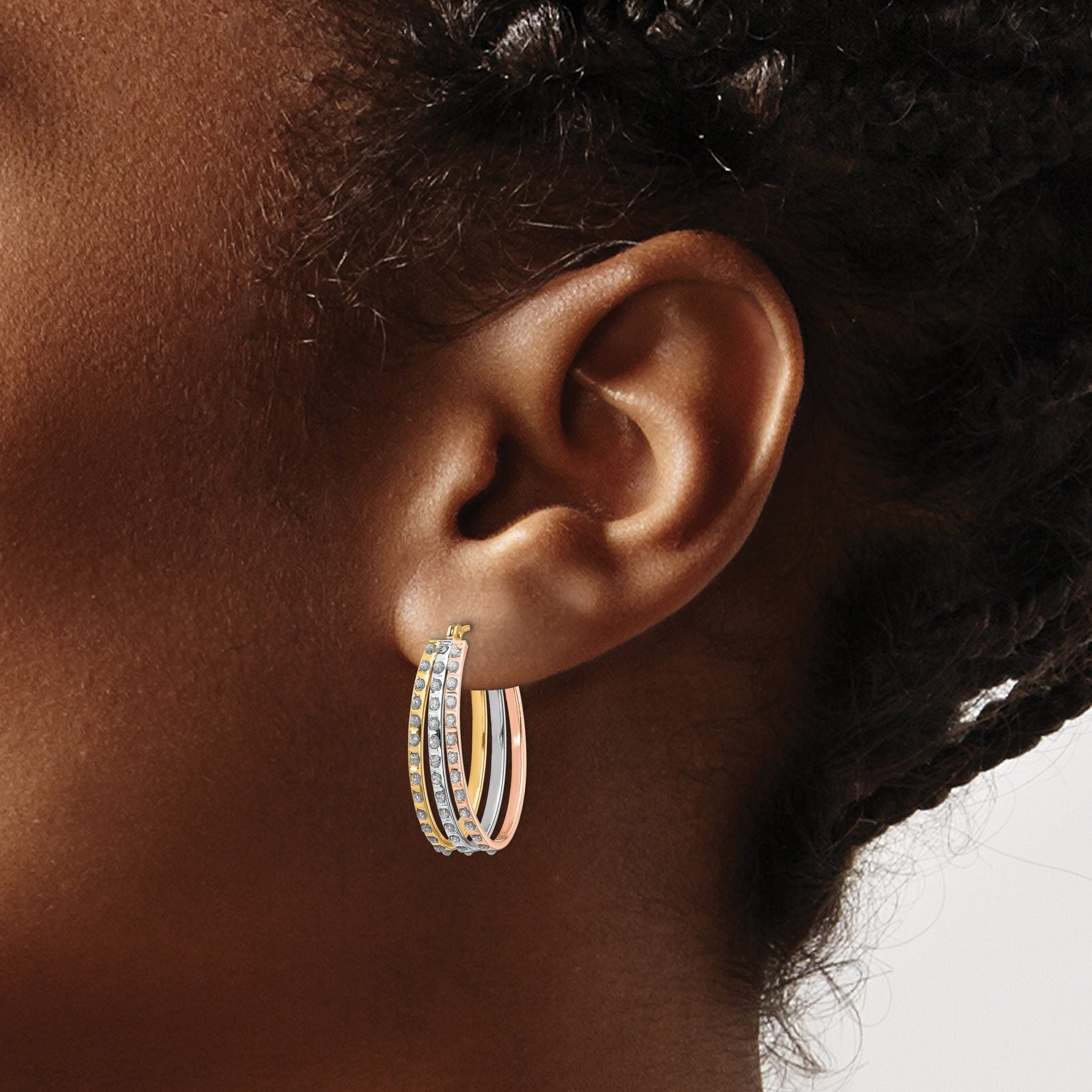 14K Tri-Color Gold Diamond Hoop Earrings with Polished Finish