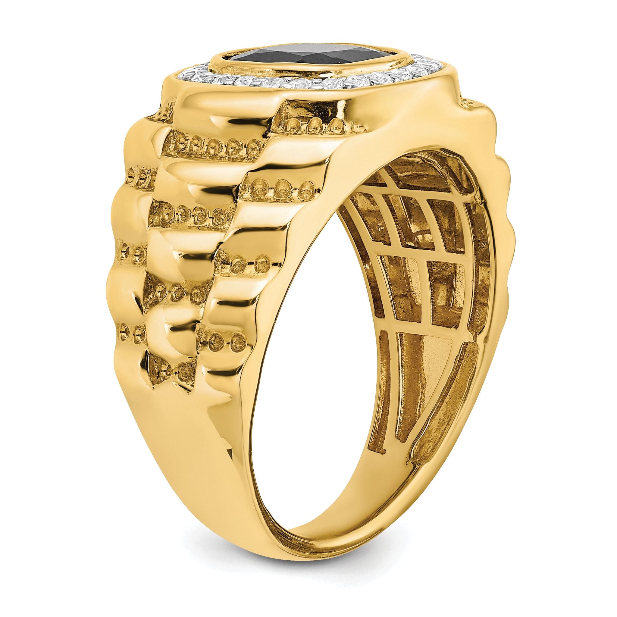 14k Onyx and Diamond Textured Mens Ring