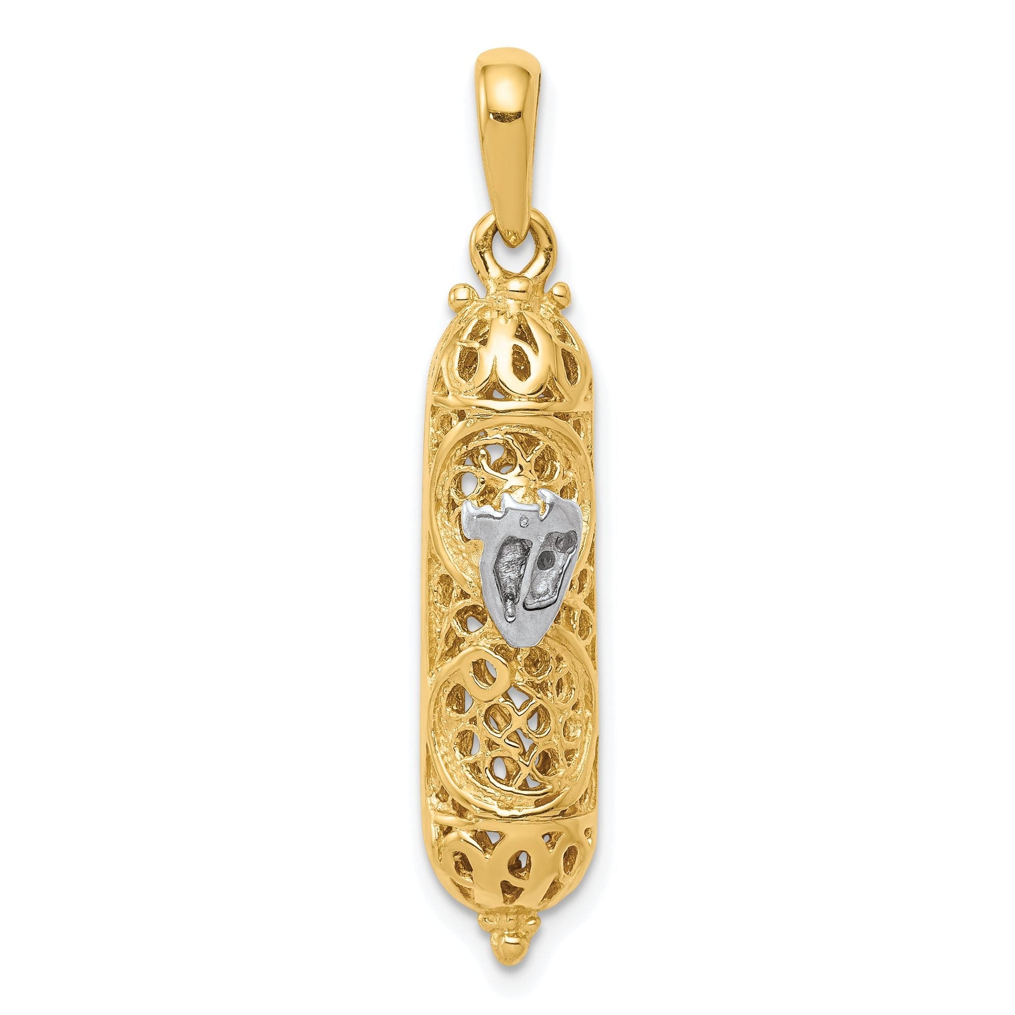 14K Gold Mezuzah Pendant with White Rhodium 3D Shin Charm, Polished Finish