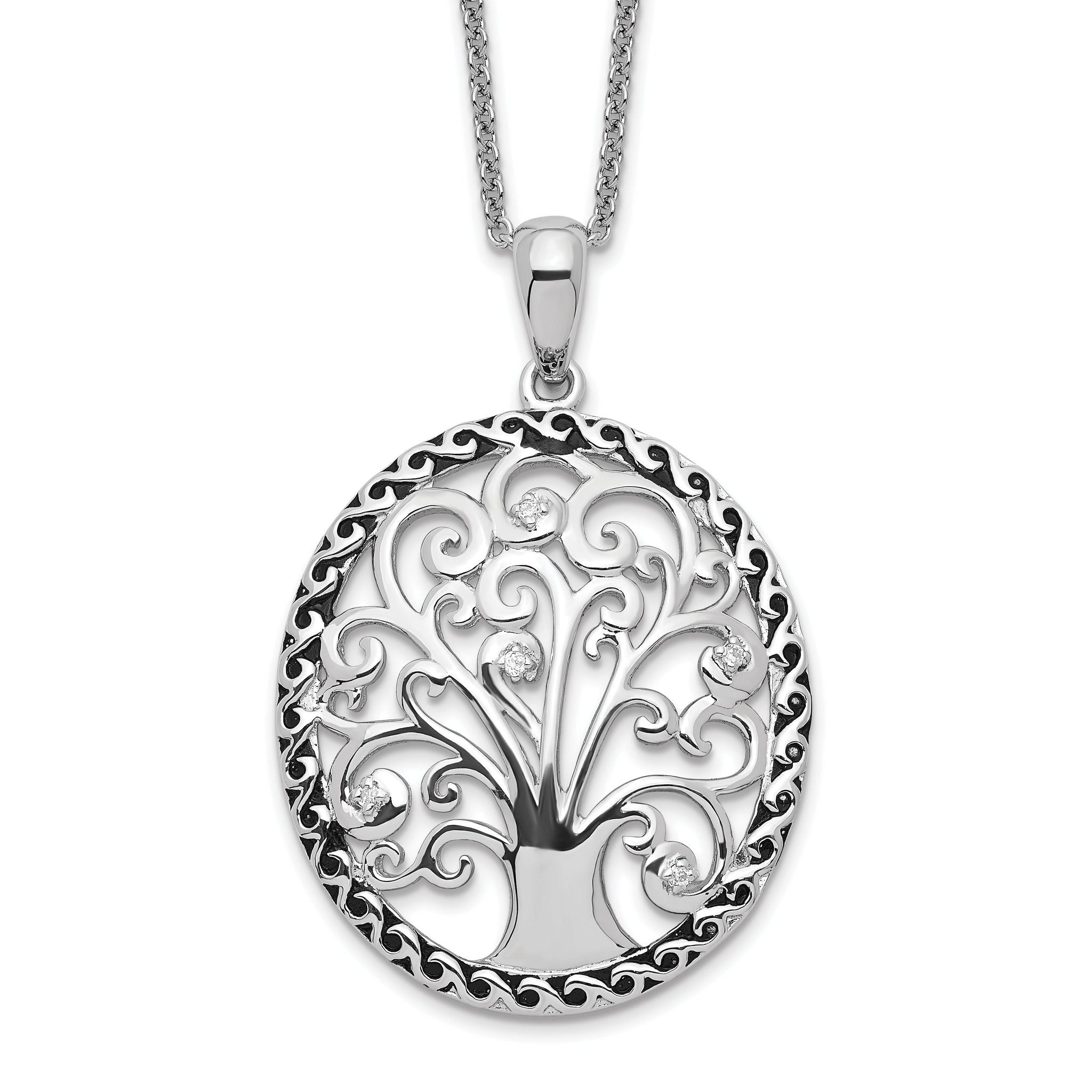 Sentimental Expressions Sterling Silver Rhodium-plated CZ Antiqued Tree of Life 18in Necklace Main image