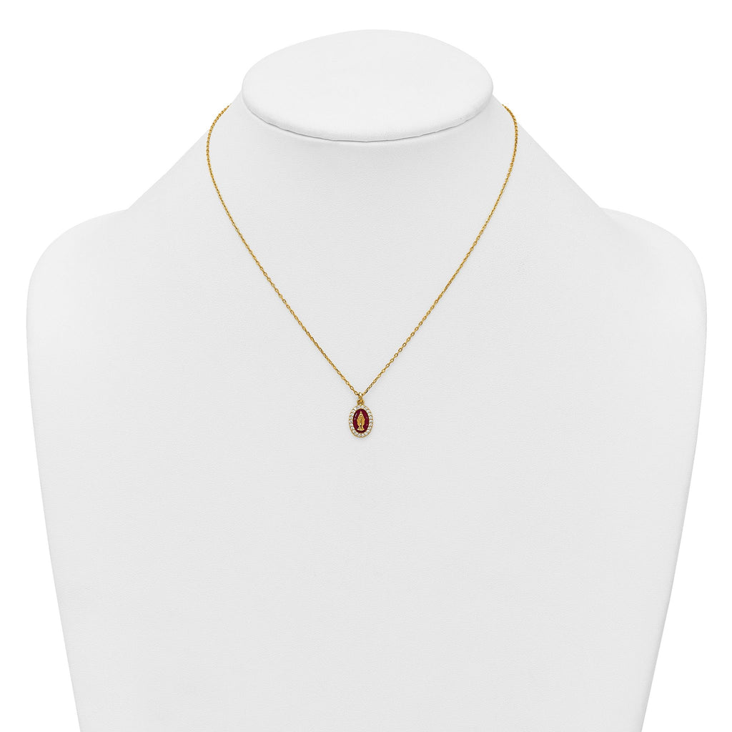 Sterling Silver Gold-plated CZ and Red Enamel Miraculous Medal 15.75 inch with 2 inch extender Necklace