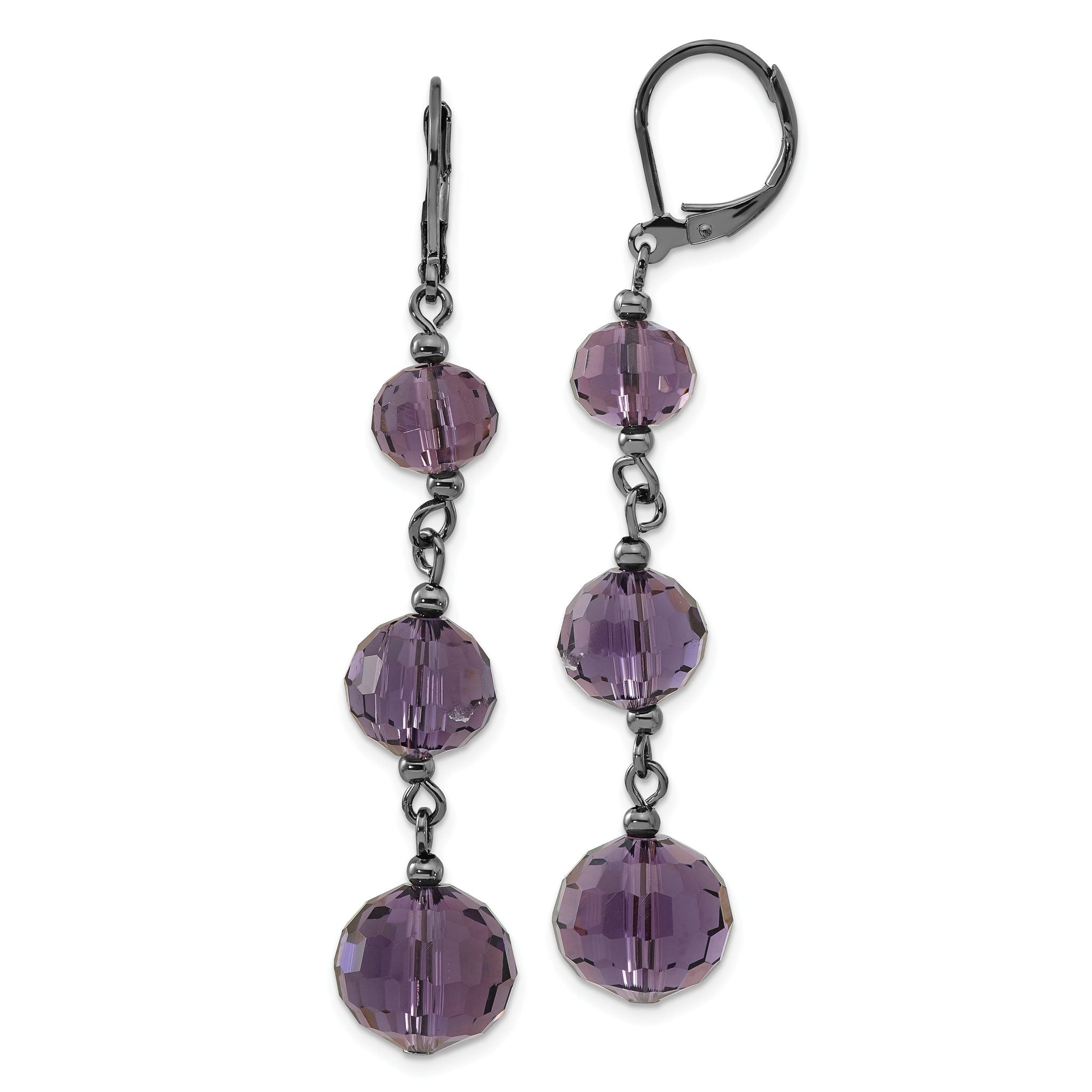 Smokey Purple Glass Bead Drop Earrings in Black-Plated Metal Main image