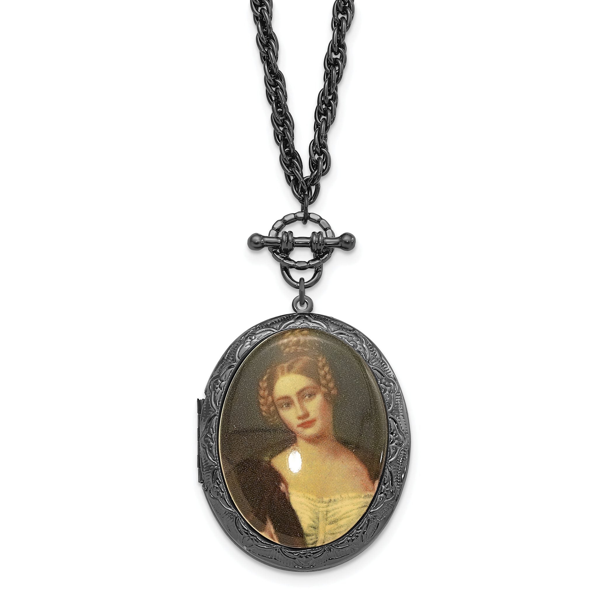 1928 Jewelry Black-plated 47mm Oval Locket with Victorian Woman 30 inch Necklace Holds 2 Photos Main image