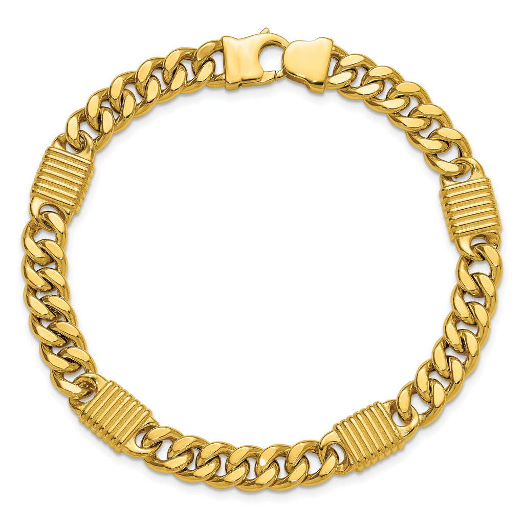 14K Polished/Grooved Fancy Curb Link Station Men's Bracelet