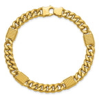 14K Polished/Grooved Fancy Curb Link Station Men's Bracelet