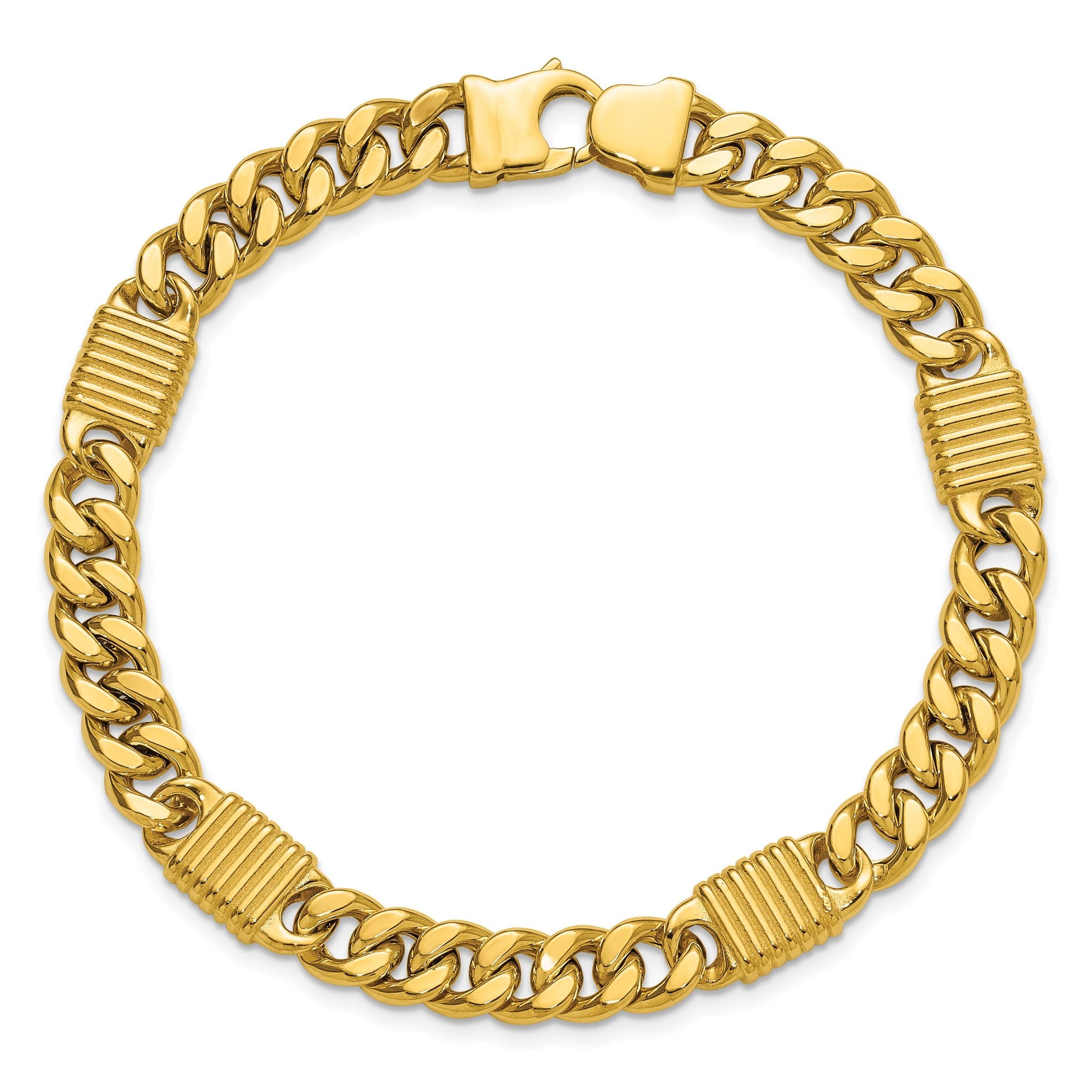 14K Polished/Grooved Fancy Curb Link Station Men's Bracelet