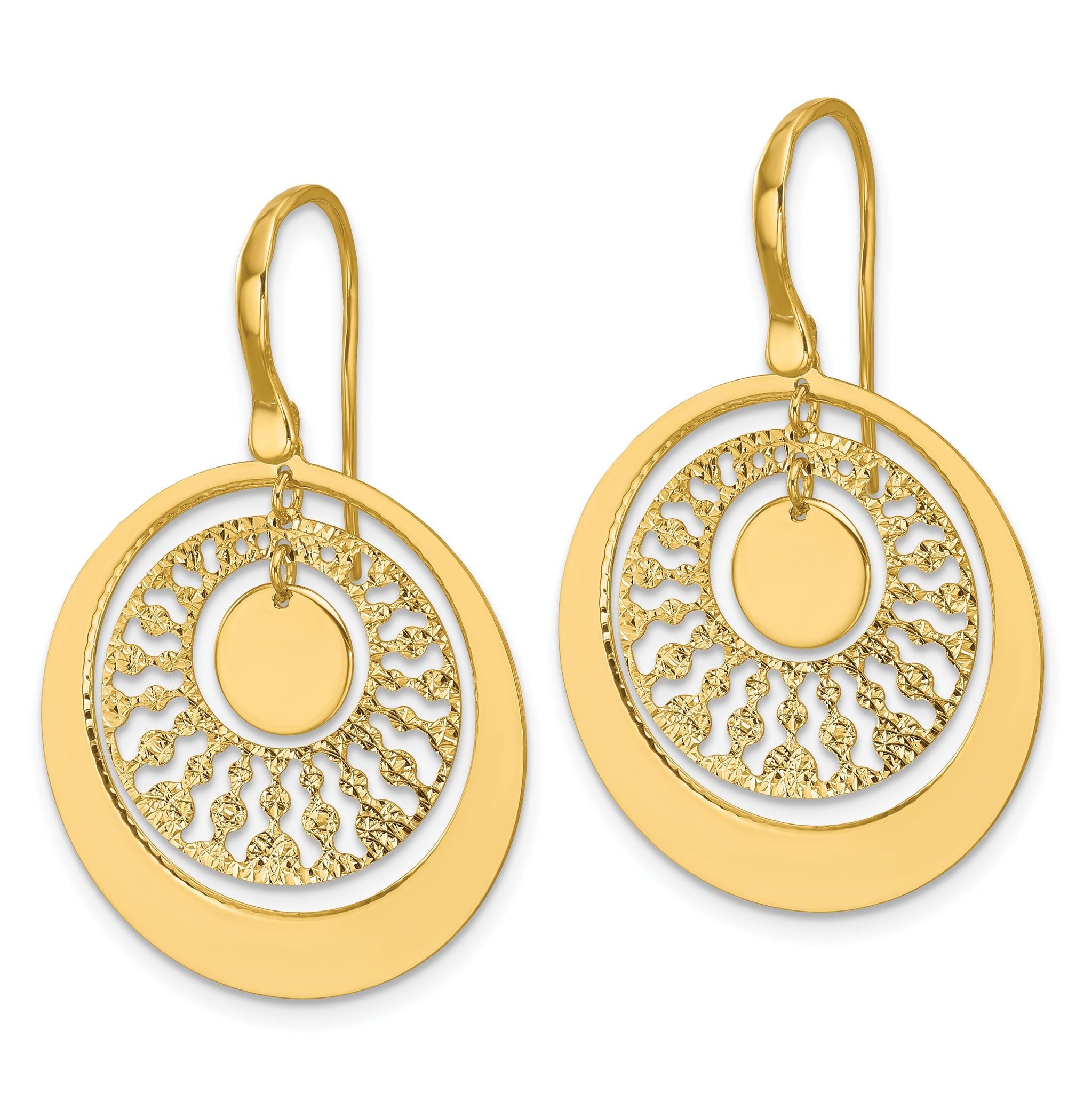 14K Polished and Diamond-cut Circles Dangle Earrings Secondary image