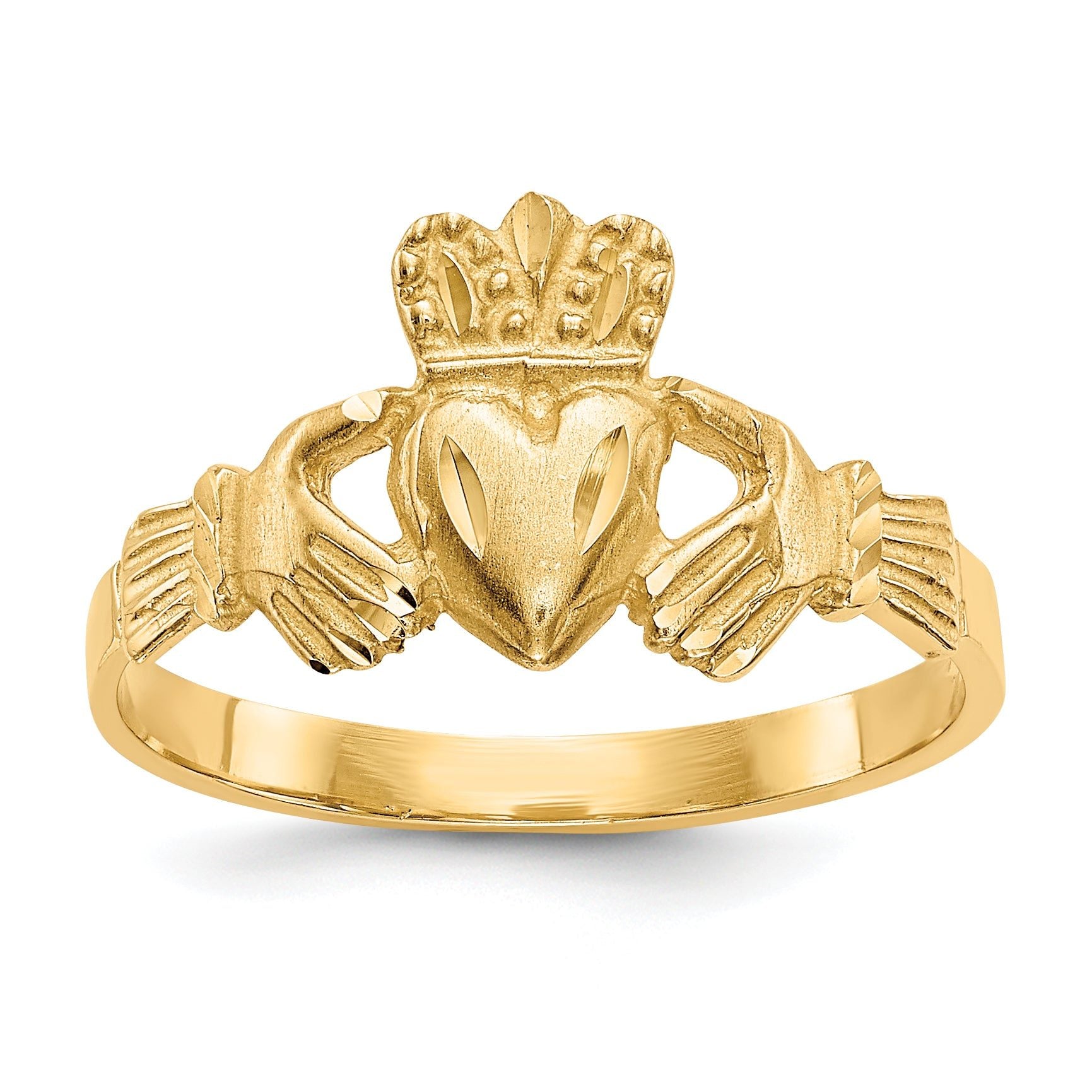 14K Satin and Diamond-cut Claddagh Ring Main image