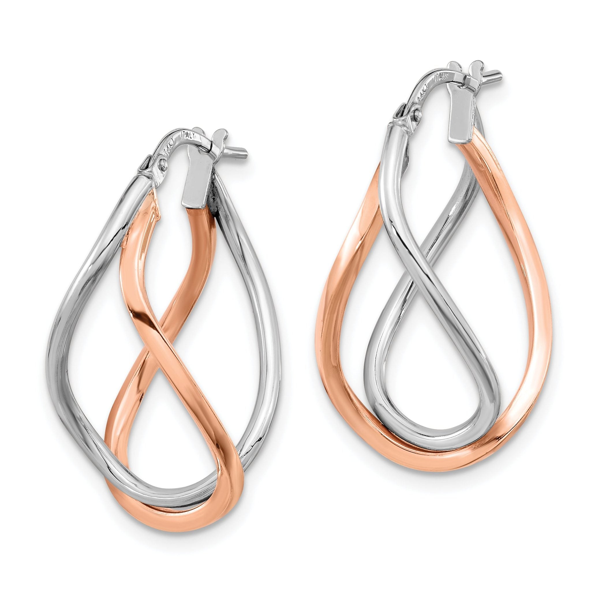14k Yellow Gold w/White Rhodium and Rose Gold-plated Swirl Hoops Secondary image