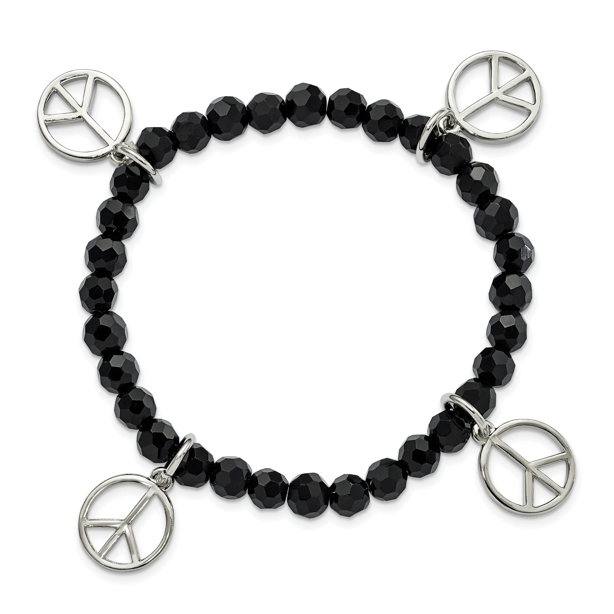 1928 Jewelry Silver-tone Peace Charms on Jet Black Crystal Faceted Beaded Stretch Bracelet Secondary image