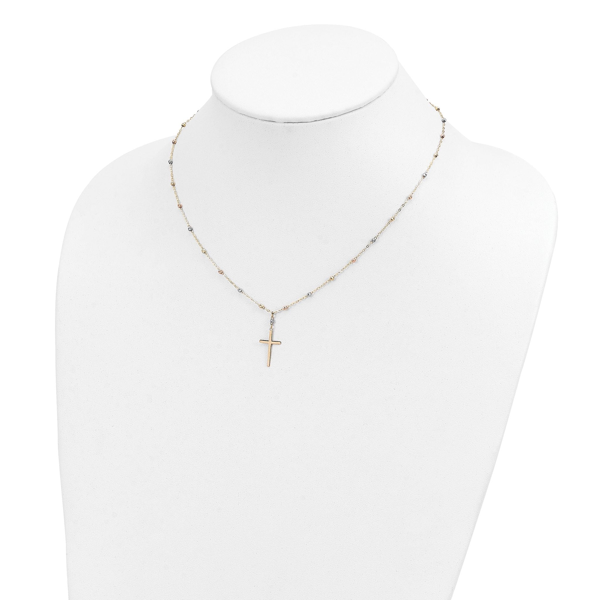 14K Tri-Color Gold Unisex Cross Necklace with Diamond-Cut Beaded Polished Finish