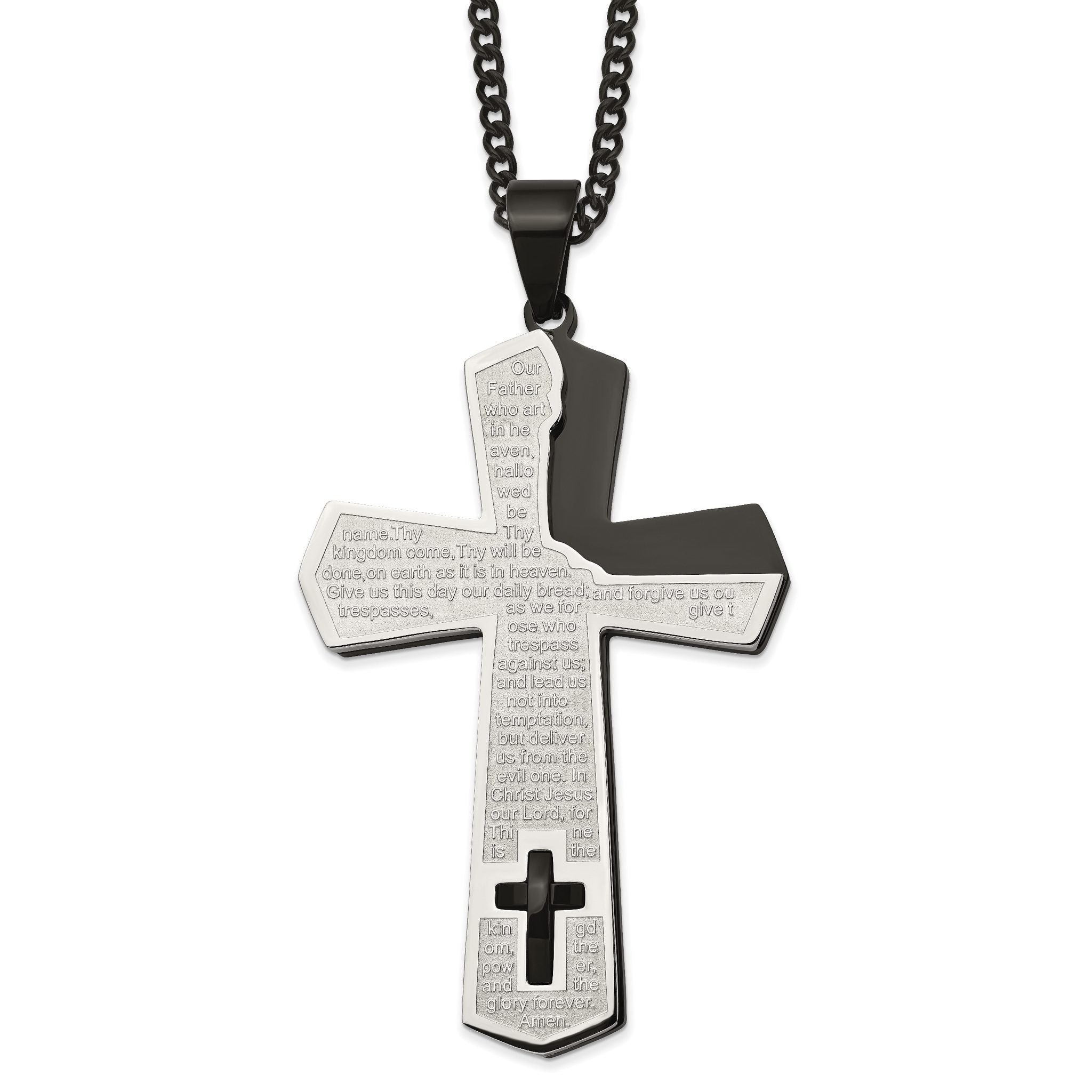 Chisel Stainless Steel Polished Black IP-plated Lord's Prayer Cross Pendant on a 24 inch Curb Chain Necklace Main image