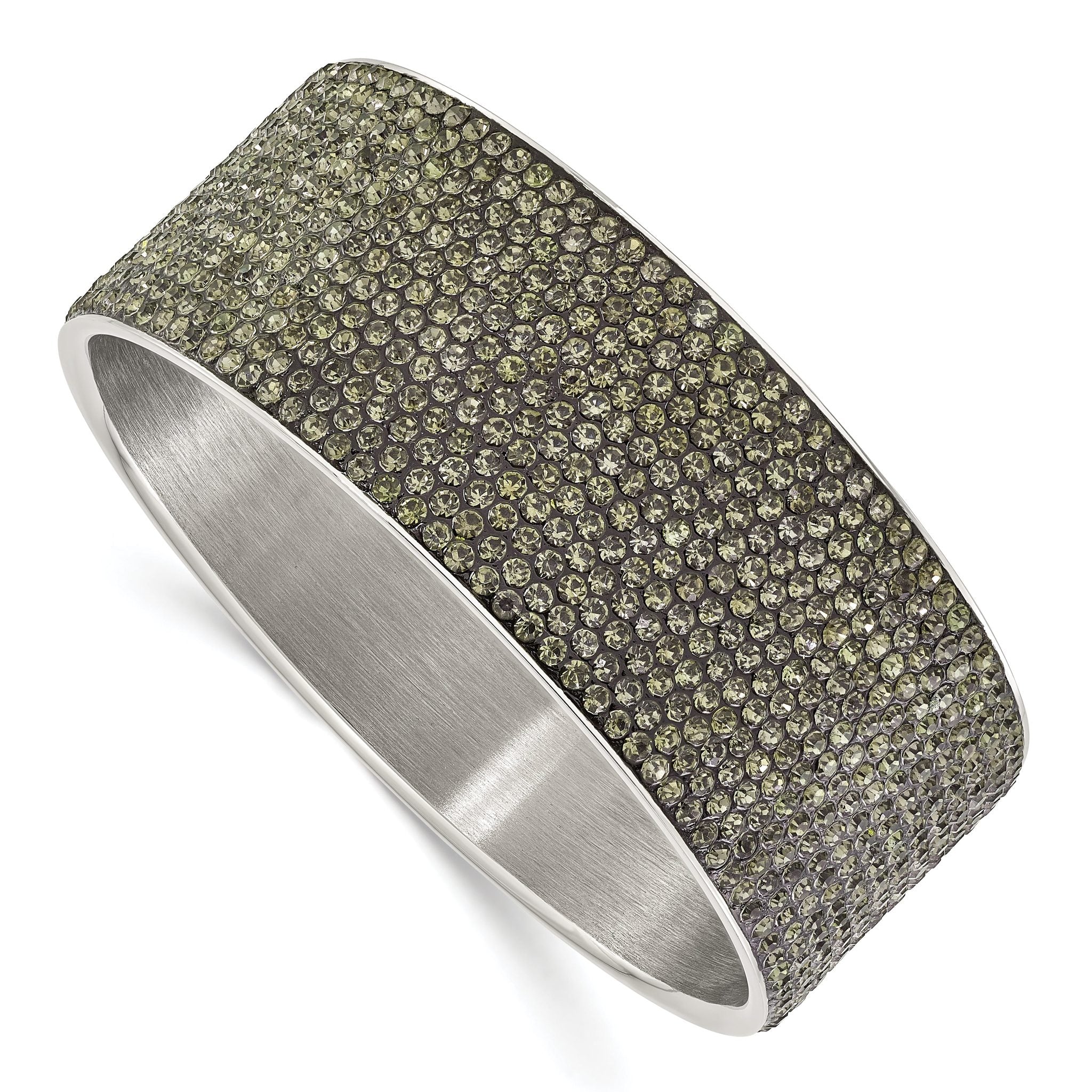 Stainless Steel Polished & Brushed Grey Crystal Wide Flat Bangle Bracelet for Women