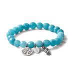 Stainless Steel Antiqued and Polished Seahorse and Tree of Life 8mm Blue Dyed Jade Beaded Stretch Bracelet for Women
