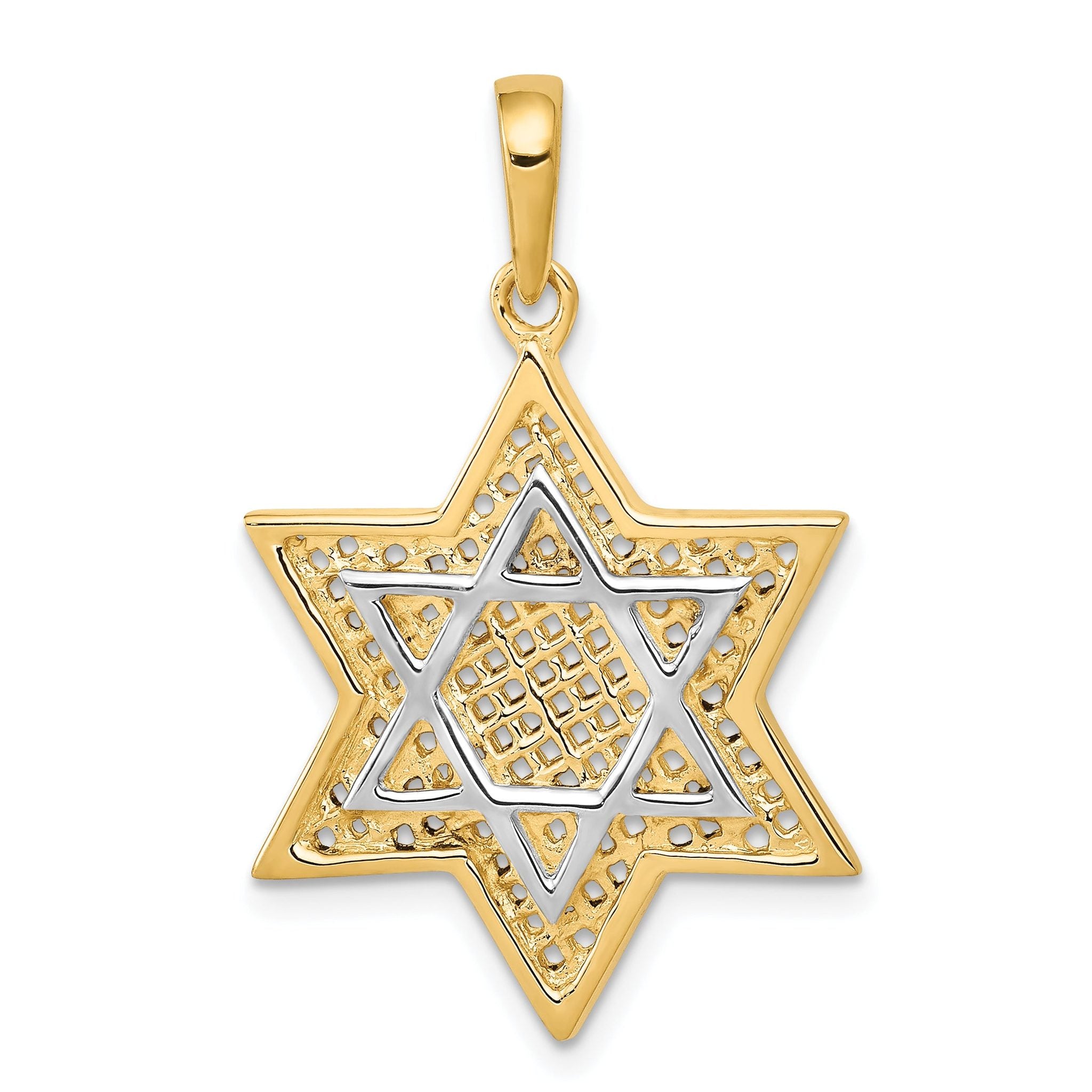 14K Gold Star of David Pendant with Rhodium Mesh Accent, 32mm Elegant Design Main image