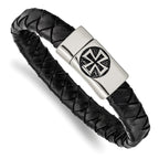 Stainless Steel Antiqued and Polished Cross Black Leather Bracelet for Men