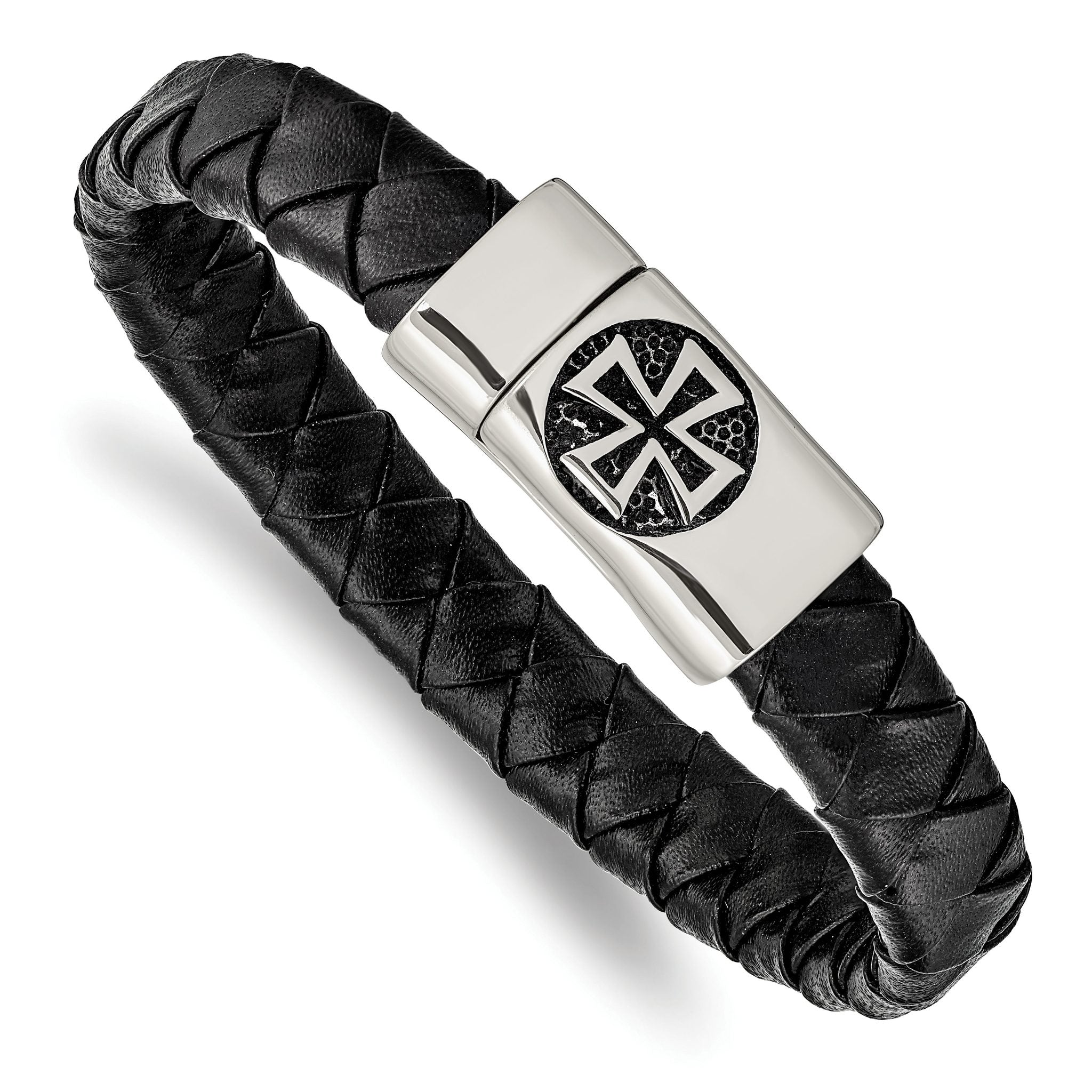 Stainless Steel Antiqued and Polished Cross Black Leather Bracelet for Men