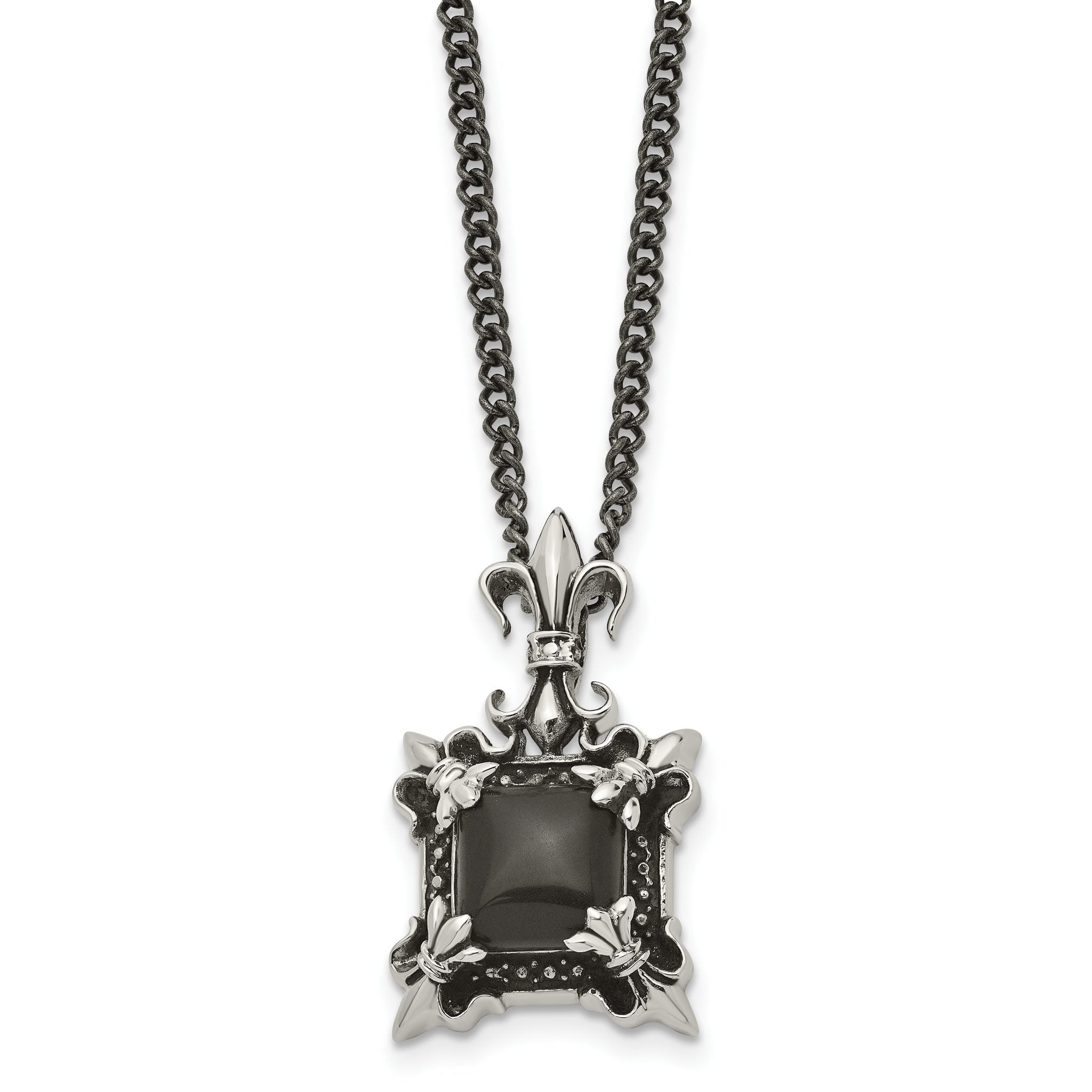 Stainless Steel Men's Necklace with Black Agate Fleur de Lis Pendant Main image