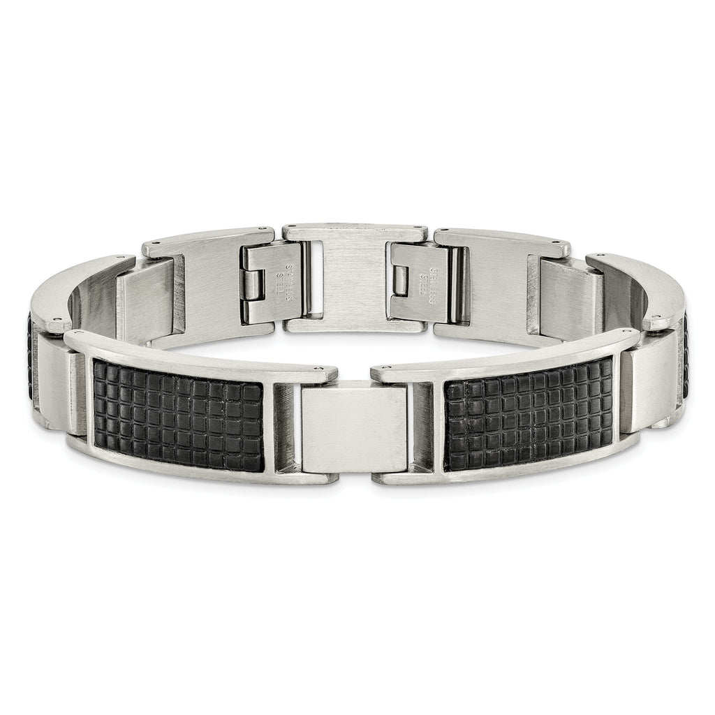 Stainless Steel Brushed and Textured Black IP-plated Link Bracelet with . Extension for Men