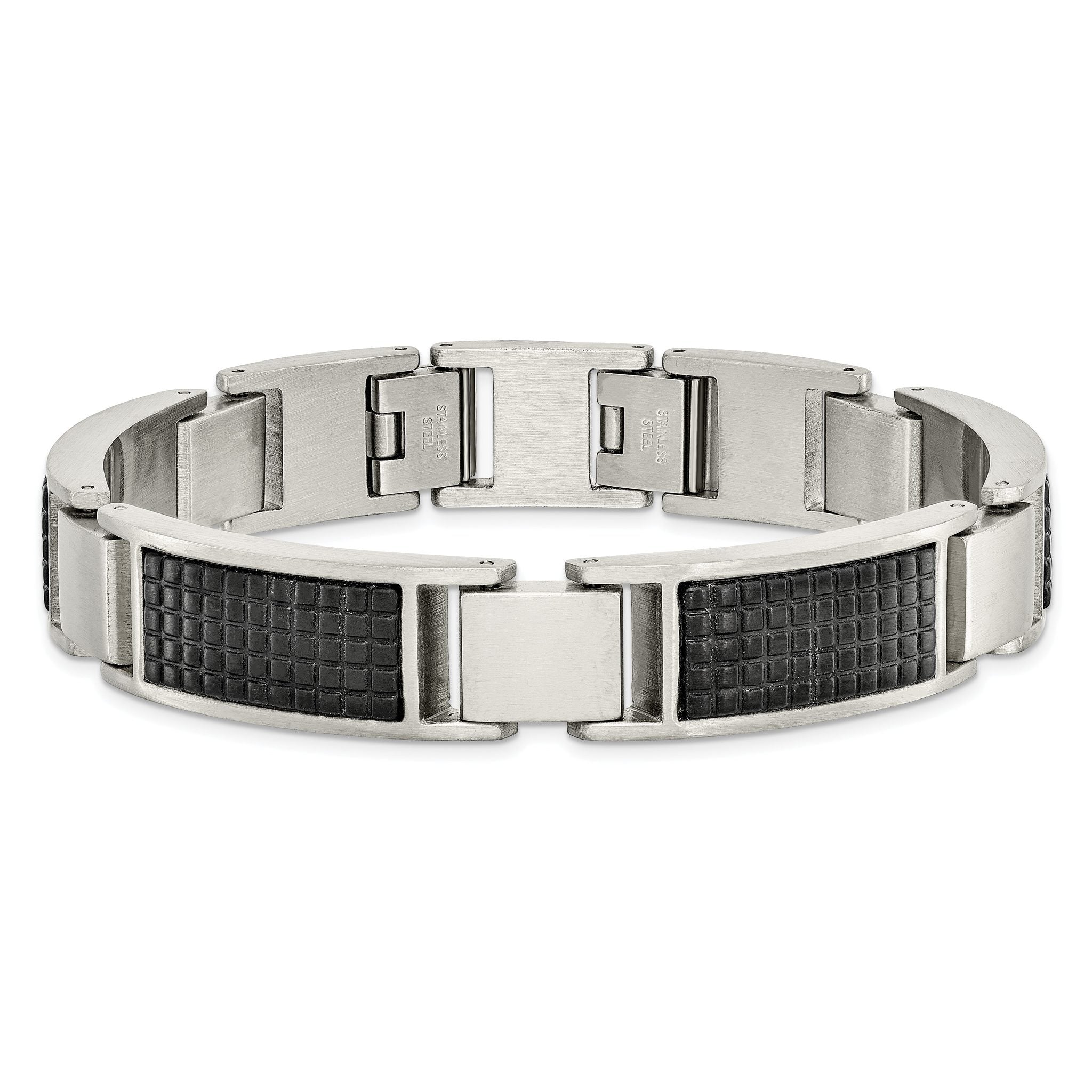 Stainless Steel Brushed and Textured Black IP-plated Link Bracelet with . Extension for Men